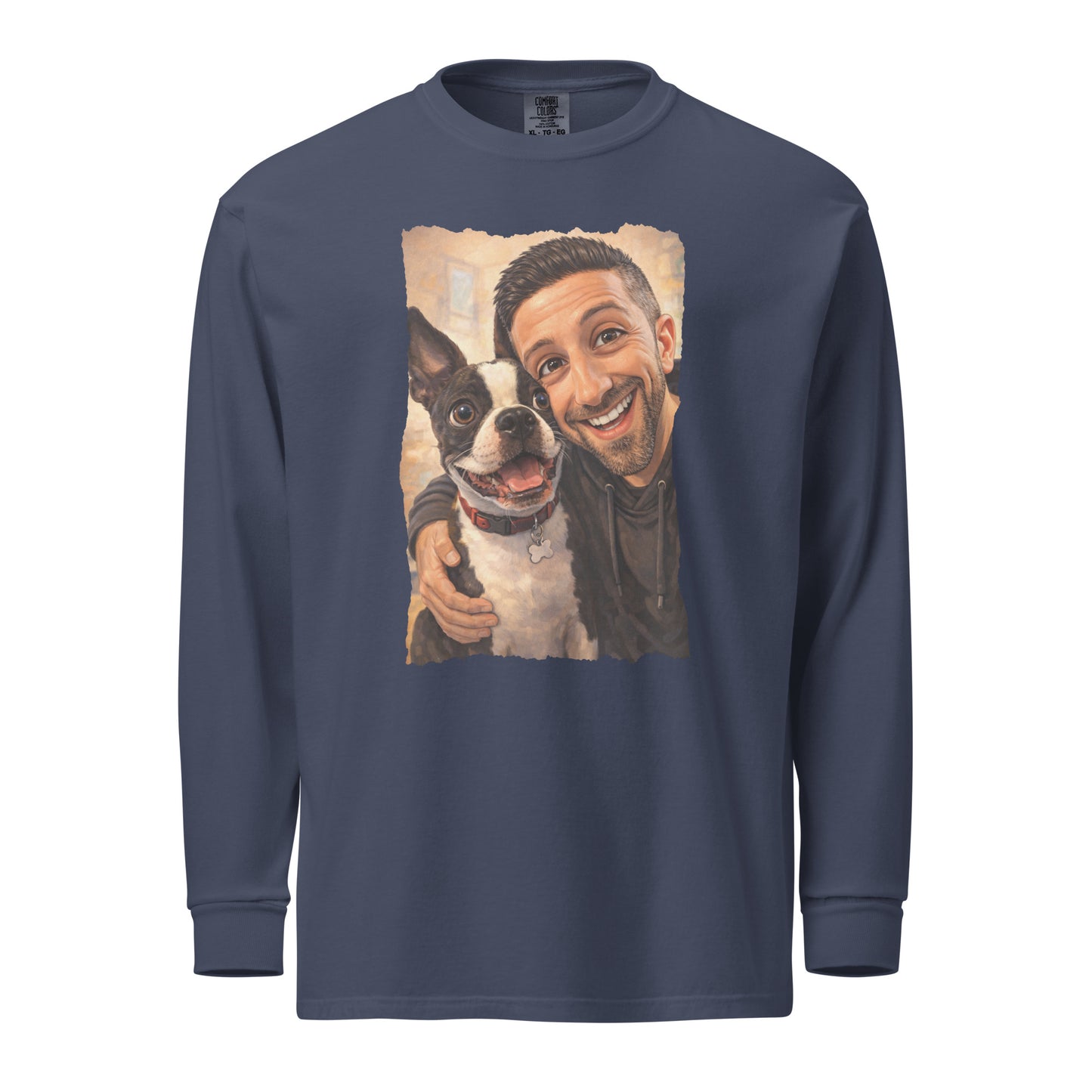 Custom Caricature Dog And Owner Portrait Garment-dyed Heavyweight Long-sleeve Shirt . Navy