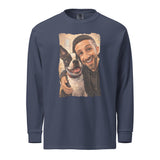 Custom Caricature Dog And Owner Portrait Garment-dyed Heavyweight Long-sleeve Shirt . Navy