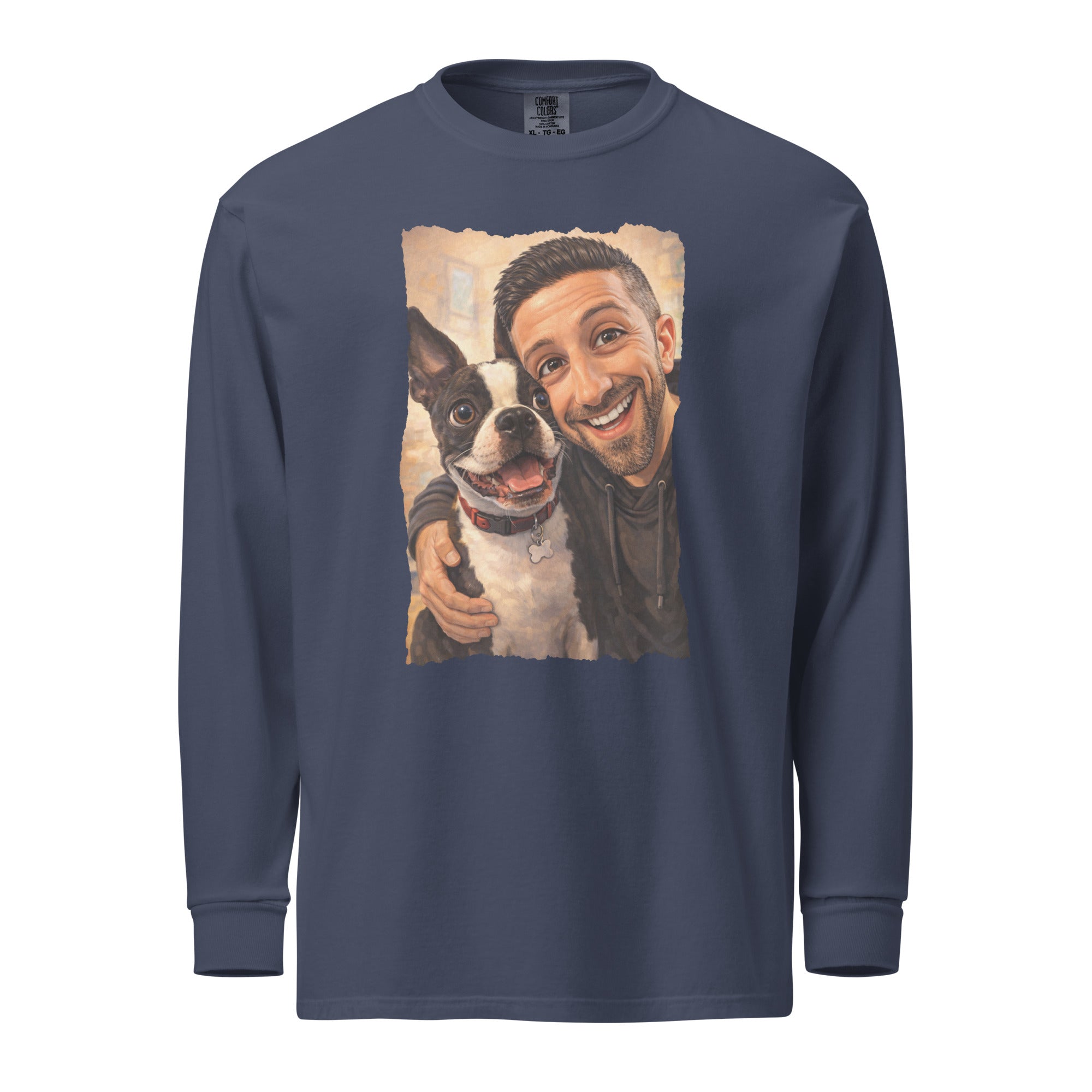 Custom Caricature Dog And Owner Portrait Garment-dyed Heavyweight Long-sleeve Shirt . Navy