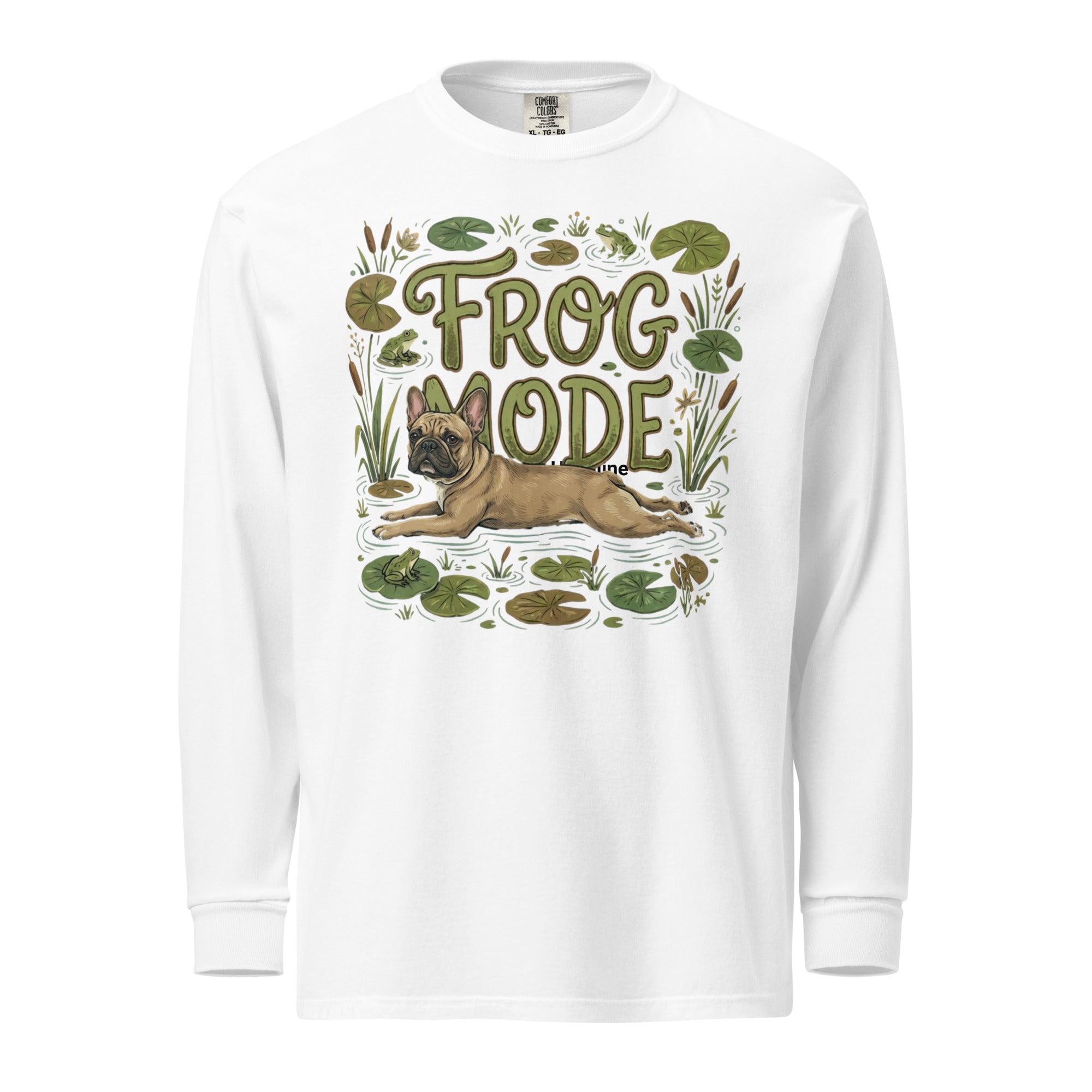 Frog Mode French Bulldog Garment-dyed Heavyweight Long-sleeve Shirt . White