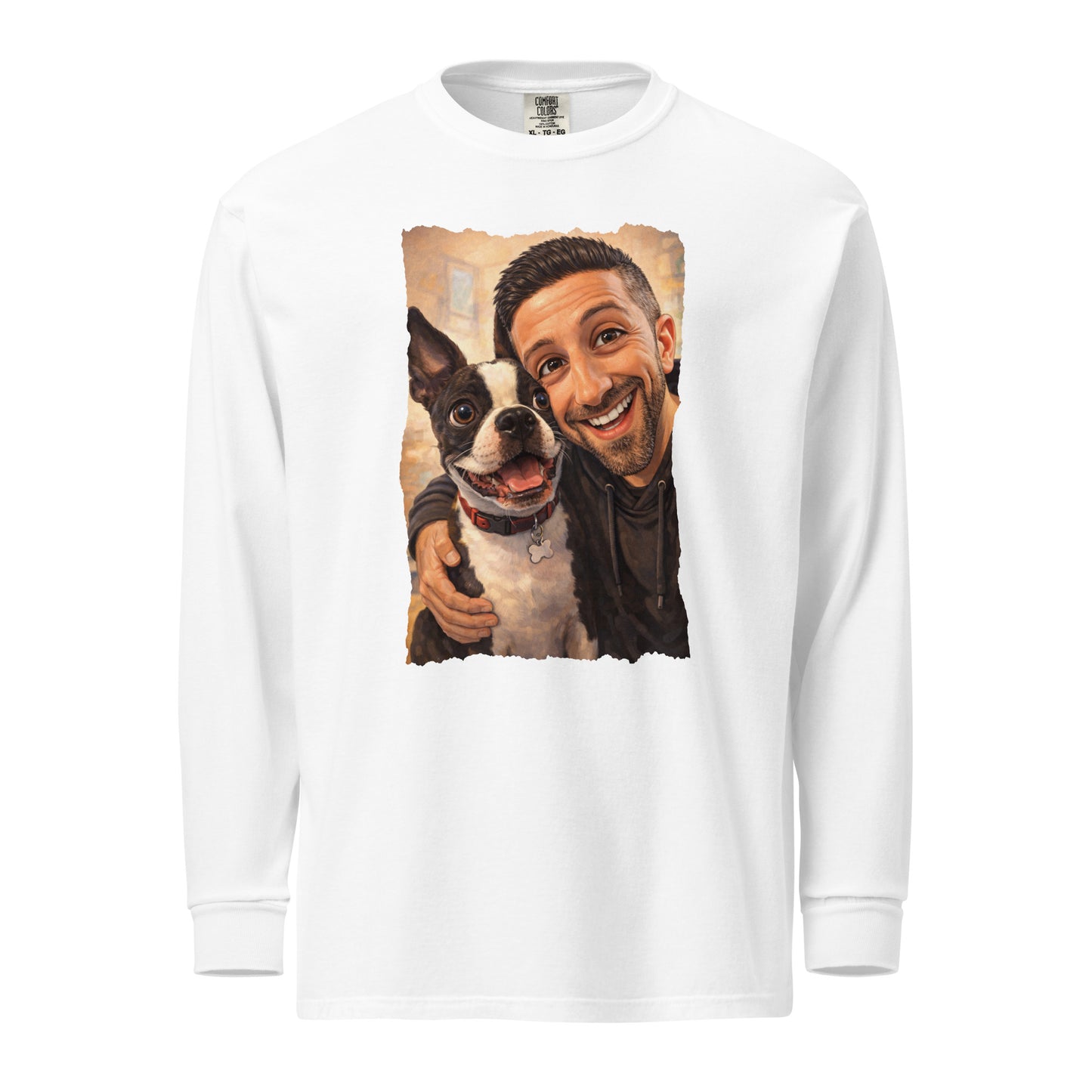 Custom Caricature Dog And Owner Portrait Garment-dyed Heavyweight Long-sleeve Shirt . White