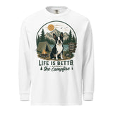Life Is Better Around the Campfire Boston Terrier Shirt, Camping Dog Lover Garment-dyed Heavyweight Long-sleeve Shirt . White
