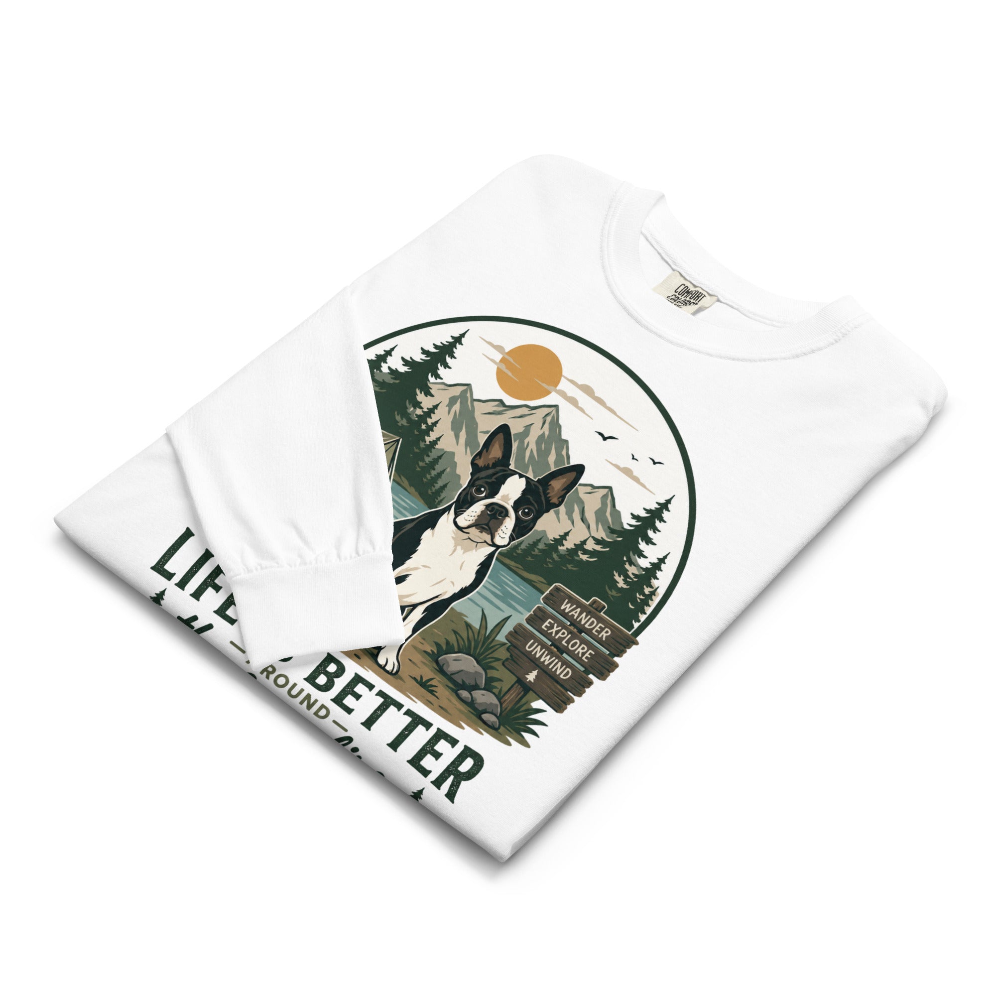 Life Is Better Around the Campfire Boston Terrier Shirt, Camping Dog Lover Garment-dyed Heavyweight Long-sleeve Shirt .