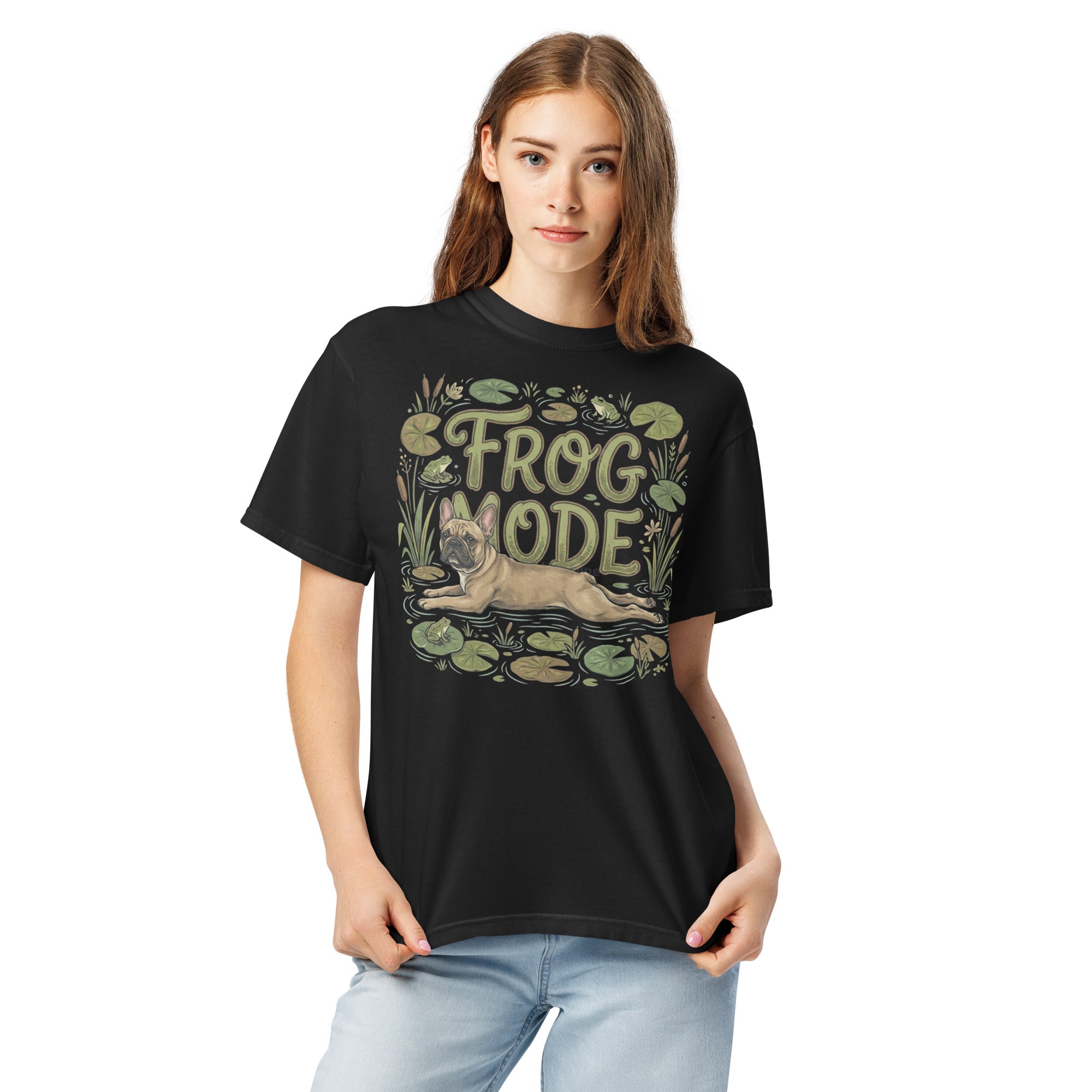 Frog Mode French Bulldog Unisex Garment-dyed Heavyweight T-Shirt .