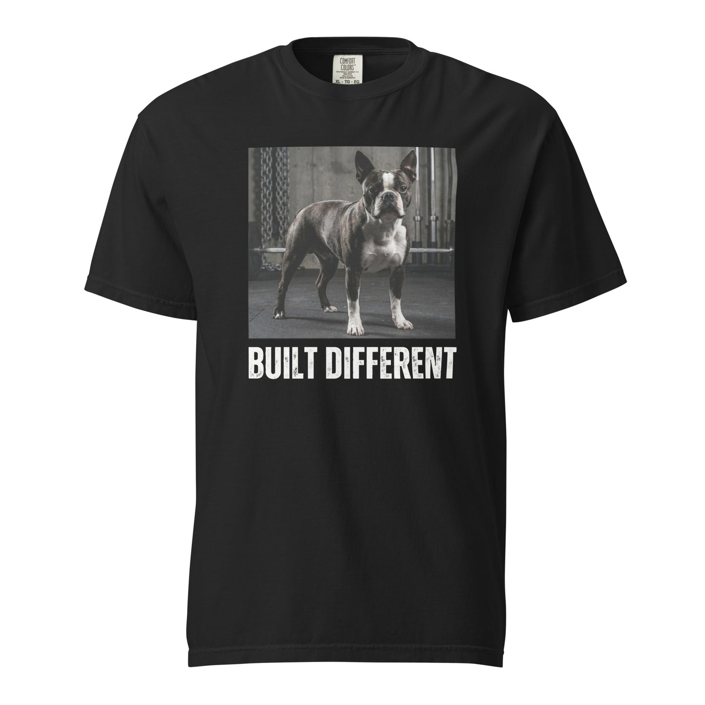 Built Different Strong Boston Terrier Dog Gym Workout Unisex Garment-dyed Heavyweight T-Shirt . Black