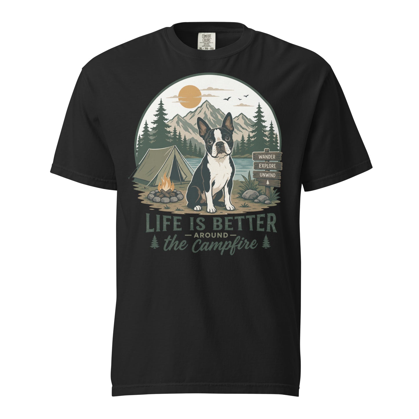 Life Is Better Around the Campfire Boston Terrier Shirt, Camping Dog Lover Unisex Garment-dyed Heavyweight T-Shirt . Black