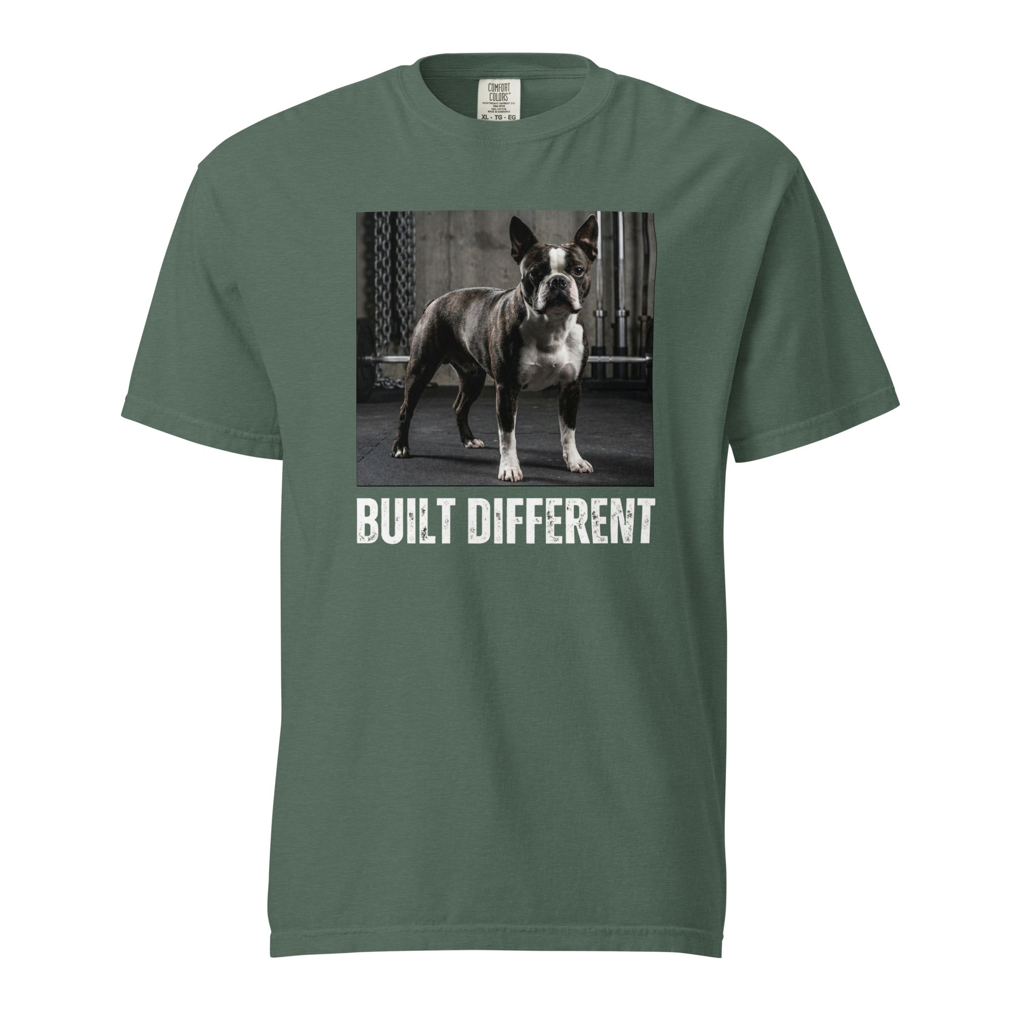 Built Different Strong Boston Terrier Dog Gym Workout Unisex Garment-dyed Heavyweight T-Shirt . Blue Spruce
