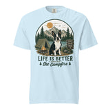 Life Is Better Around the Campfire Boston Terrier Shirt, Camping Dog Lover Unisex Garment-dyed Heavyweight T-Shirt . Chambray