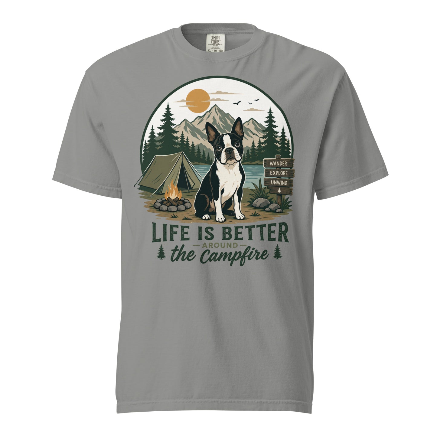 Life Is Better Around the Campfire Boston Terrier Shirt, Camping Dog Lover Unisex Garment-dyed Heavyweight T-Shirt . Grey