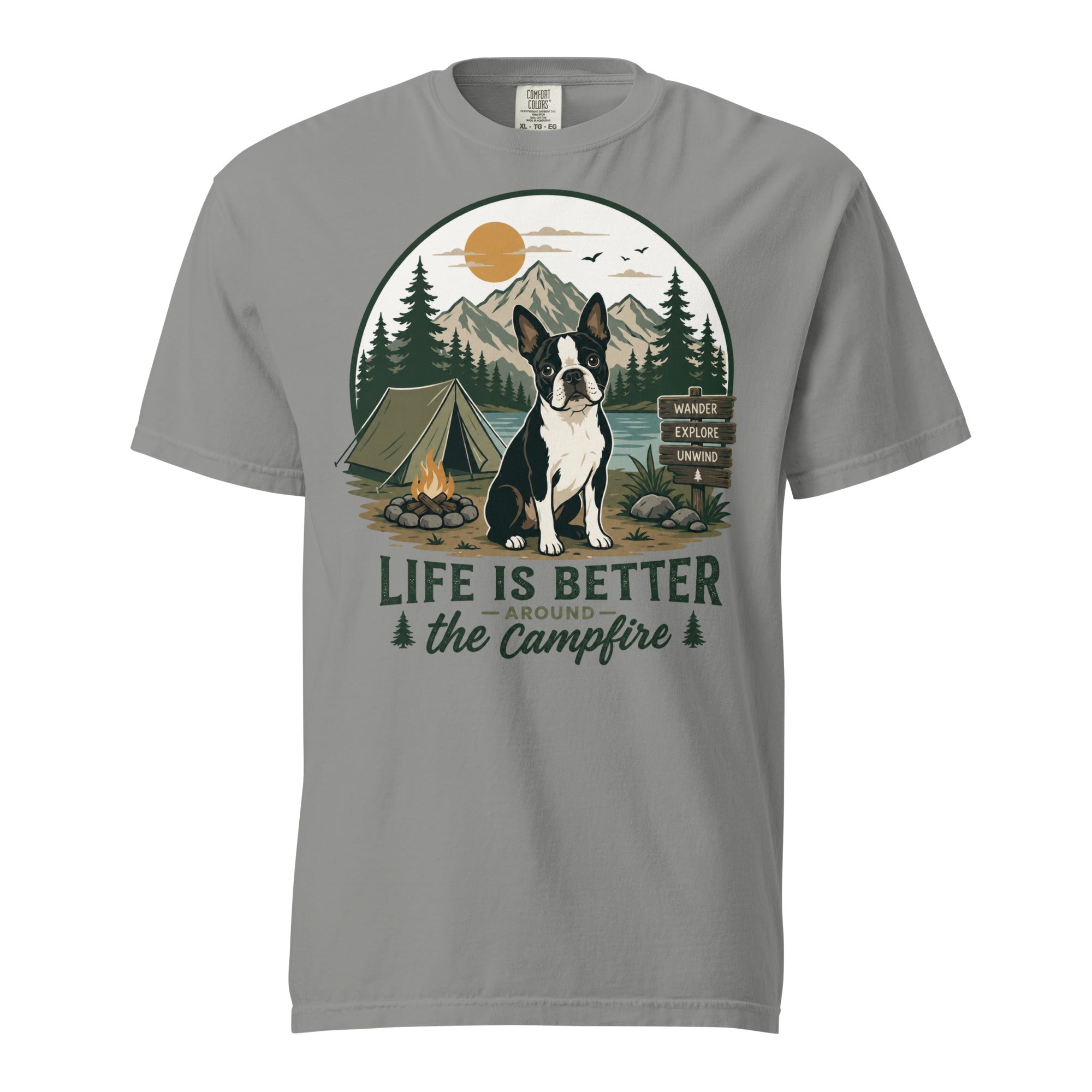 Life Is Better Around the Campfire Boston Terrier Shirt, Camping Dog Lover Unisex Garment-dyed Heavyweight T-Shirt . Grey