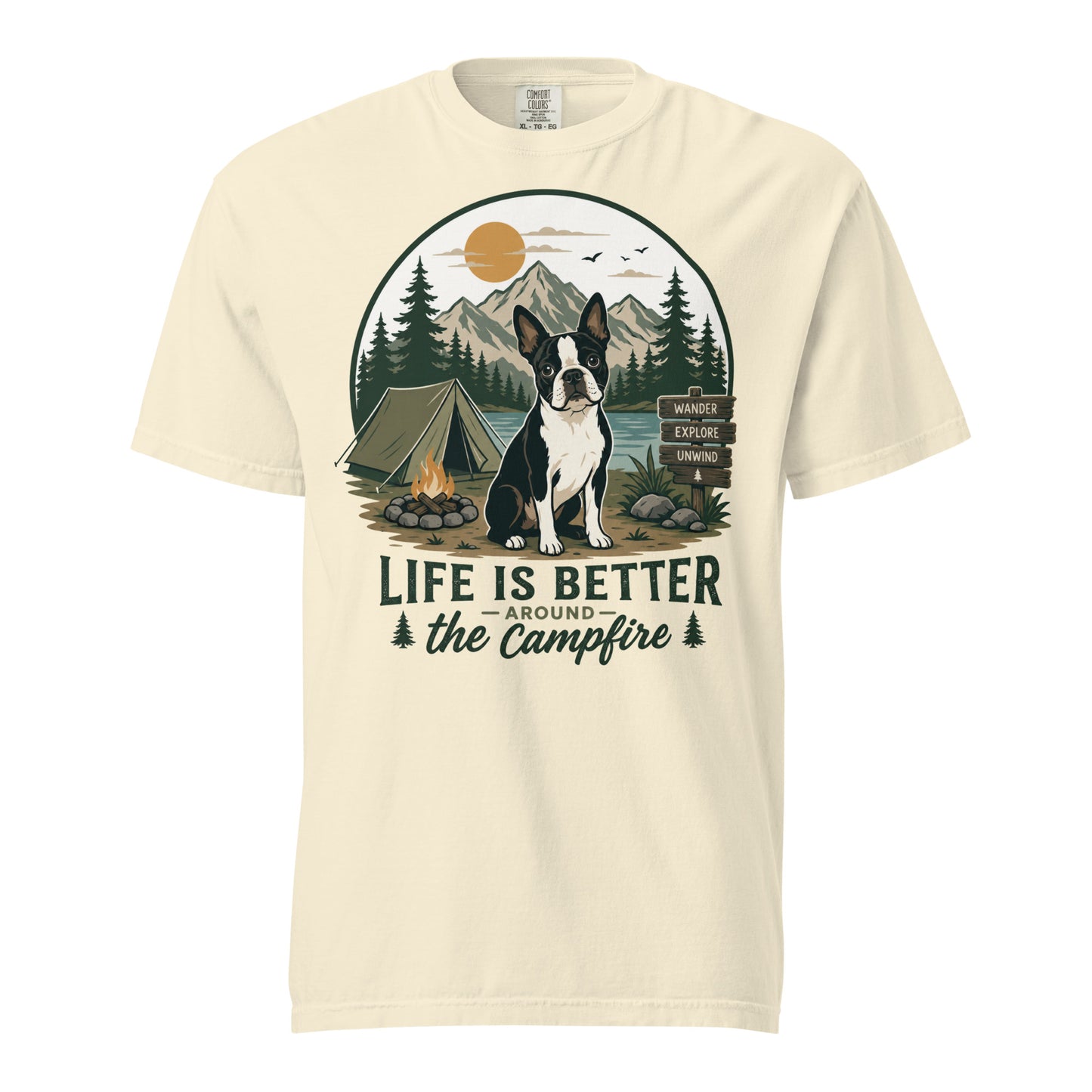 Life Is Better Around the Campfire Boston Terrier Shirt, Camping Dog Lover Unisex Garment-dyed Heavyweight T-Shirt . Ivory