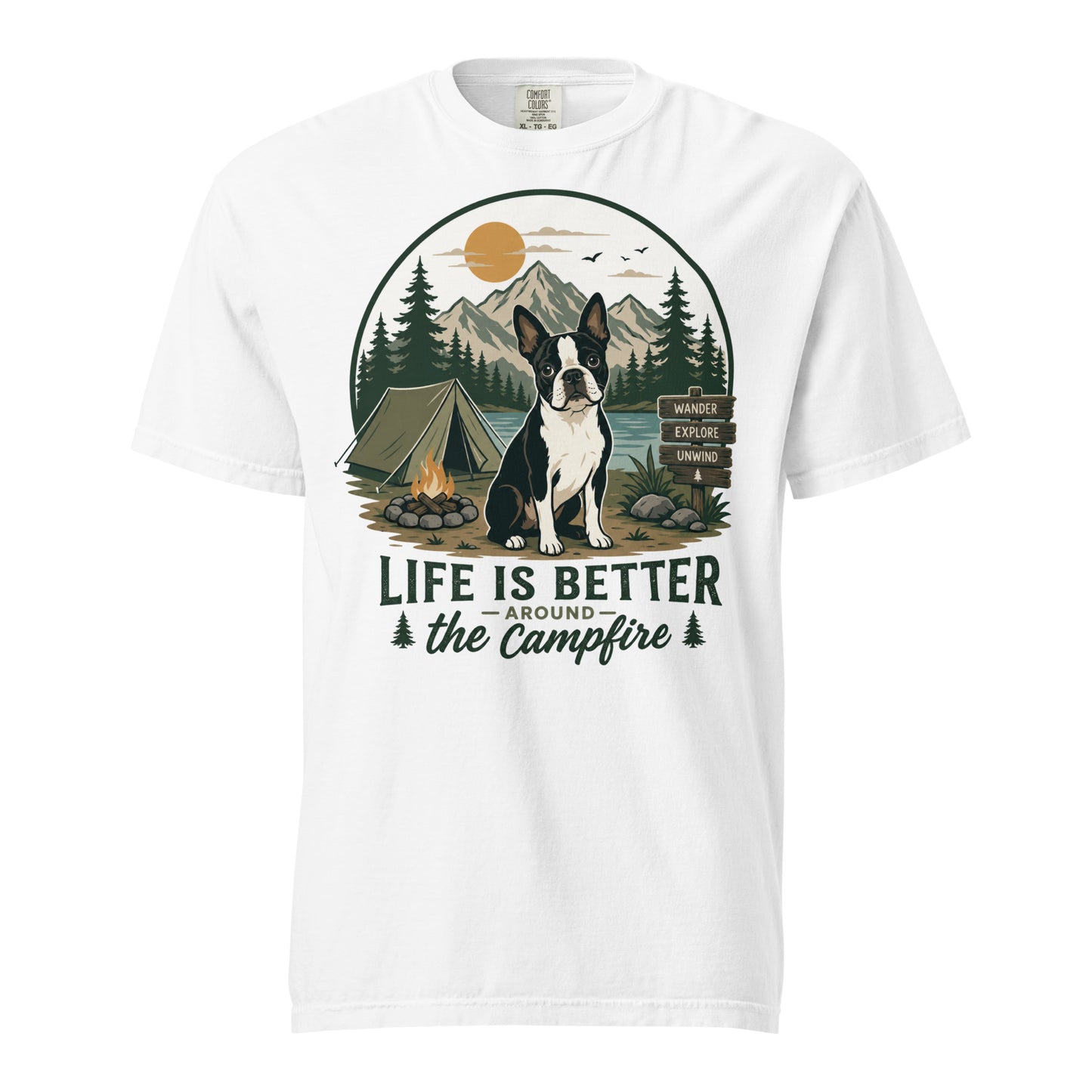 Life Is Better Around the Campfire Boston Terrier Shirt, Camping Dog Lover Unisex Garment-dyed Heavyweight T-Shirt . White