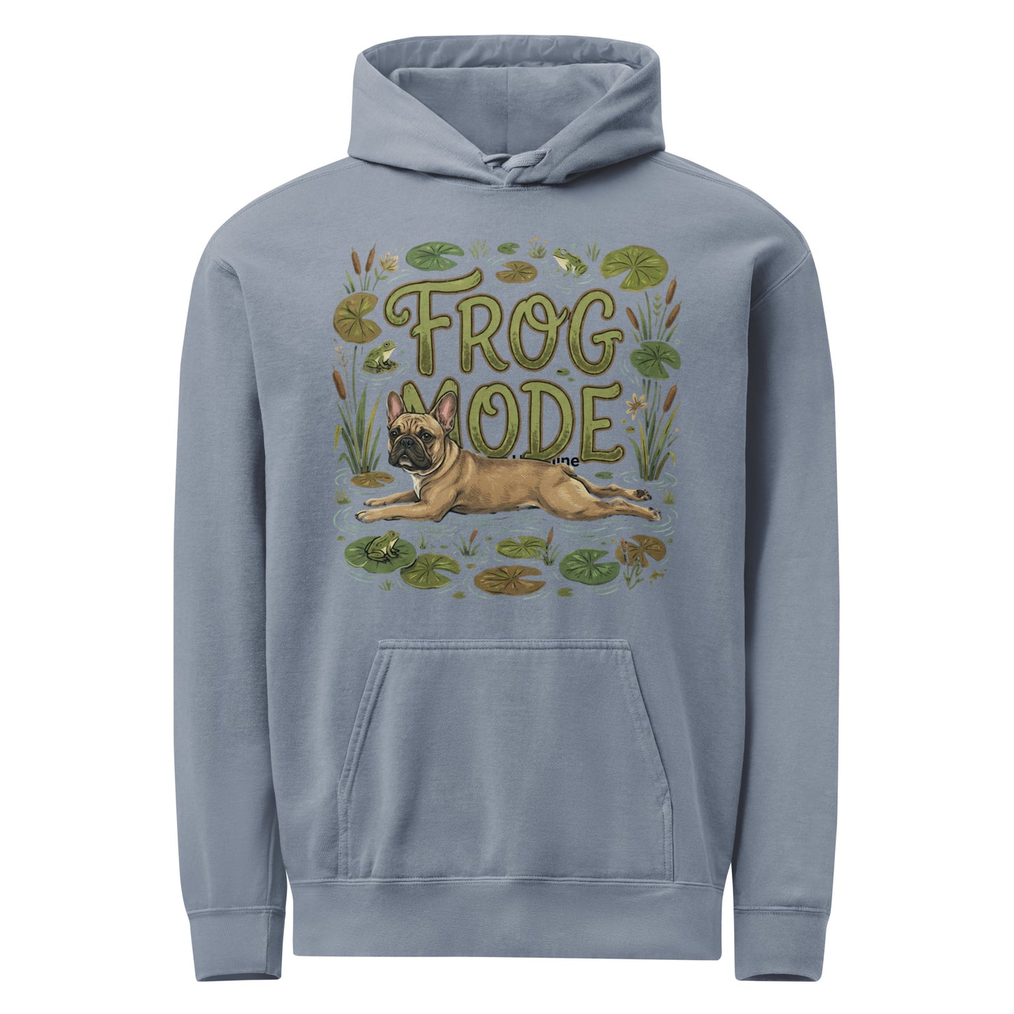 Frog Mode French Bulldog Unisex Garment-dyed Hoodie . Blue Jean