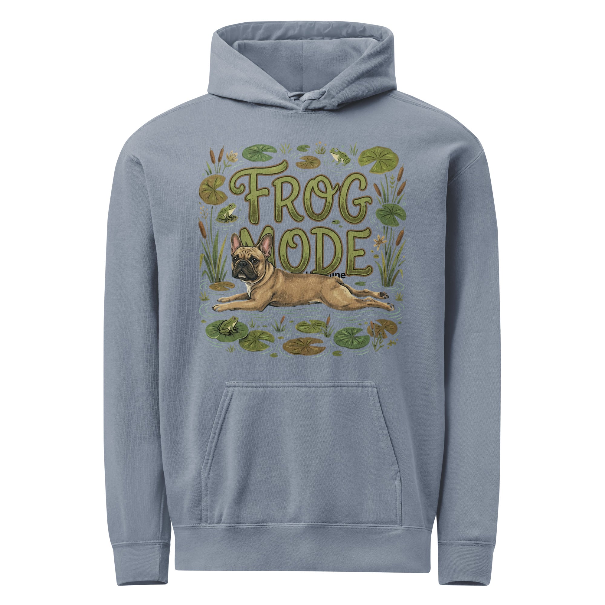 Frog Mode French Bulldog Unisex Garment-dyed Hoodie . Blue Jean
