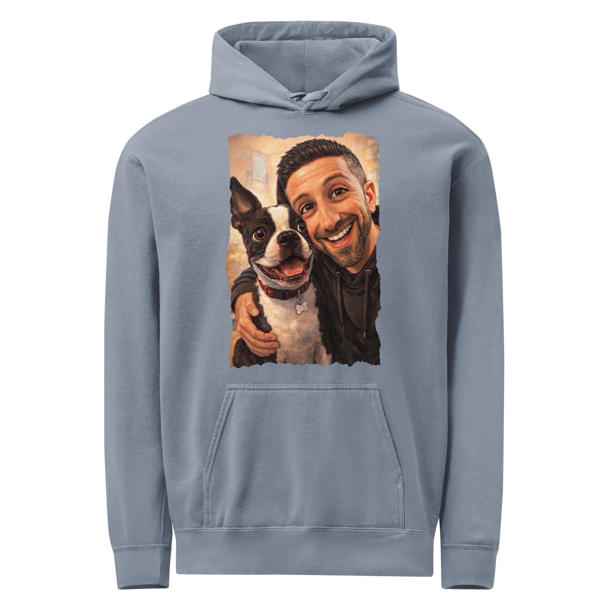 Custom Caricature Dog And Owner Portrait Unisex Garment-dyed Hoodie . Blue Jean