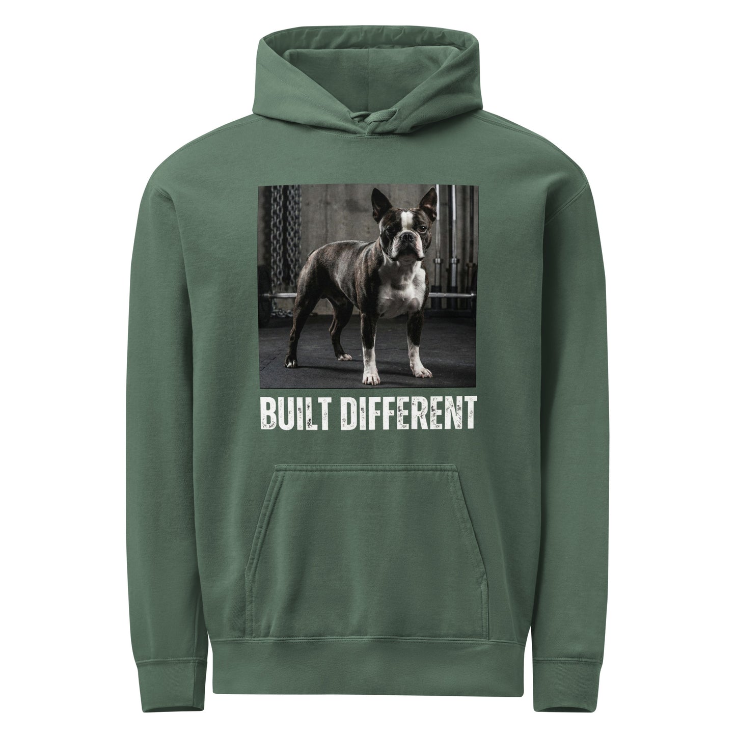 Built Different Strong Boston Terrier Dog Gym Workout Unisex Garment-dyed Hoodie . Blue Spruce