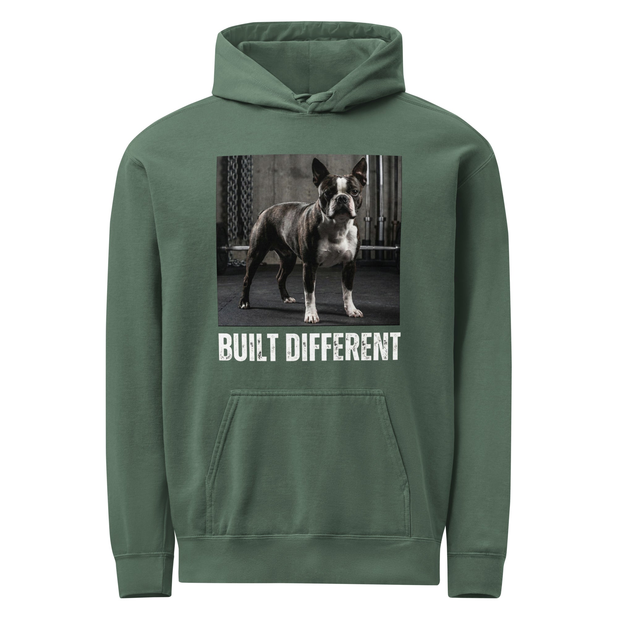 Built Different Strong Boston Terrier Dog Gym Workout Unisex Garment-dyed Hoodie . Blue Spruce
