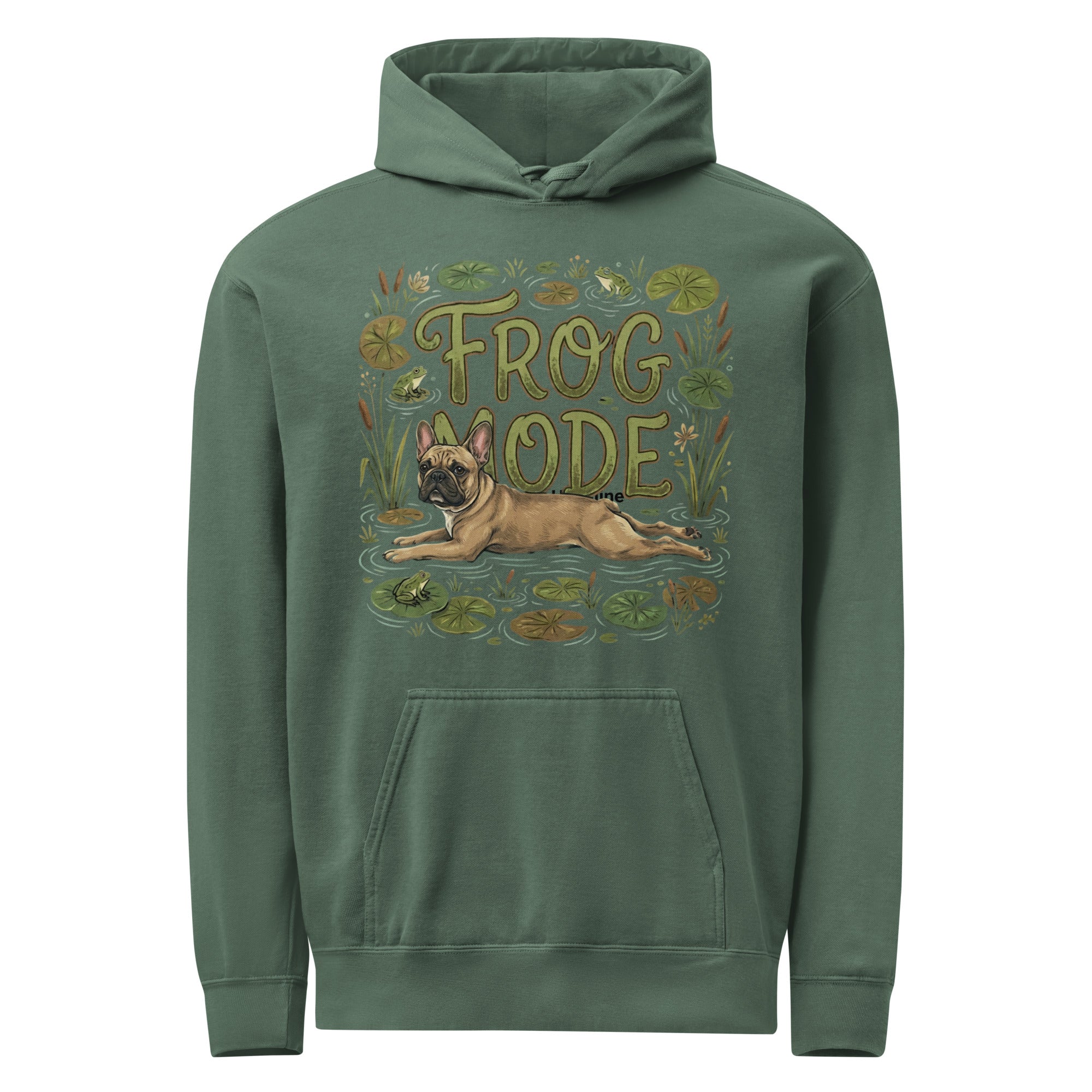 Frog Mode French Bulldog Unisex Garment-dyed Hoodie . Blue Spruce