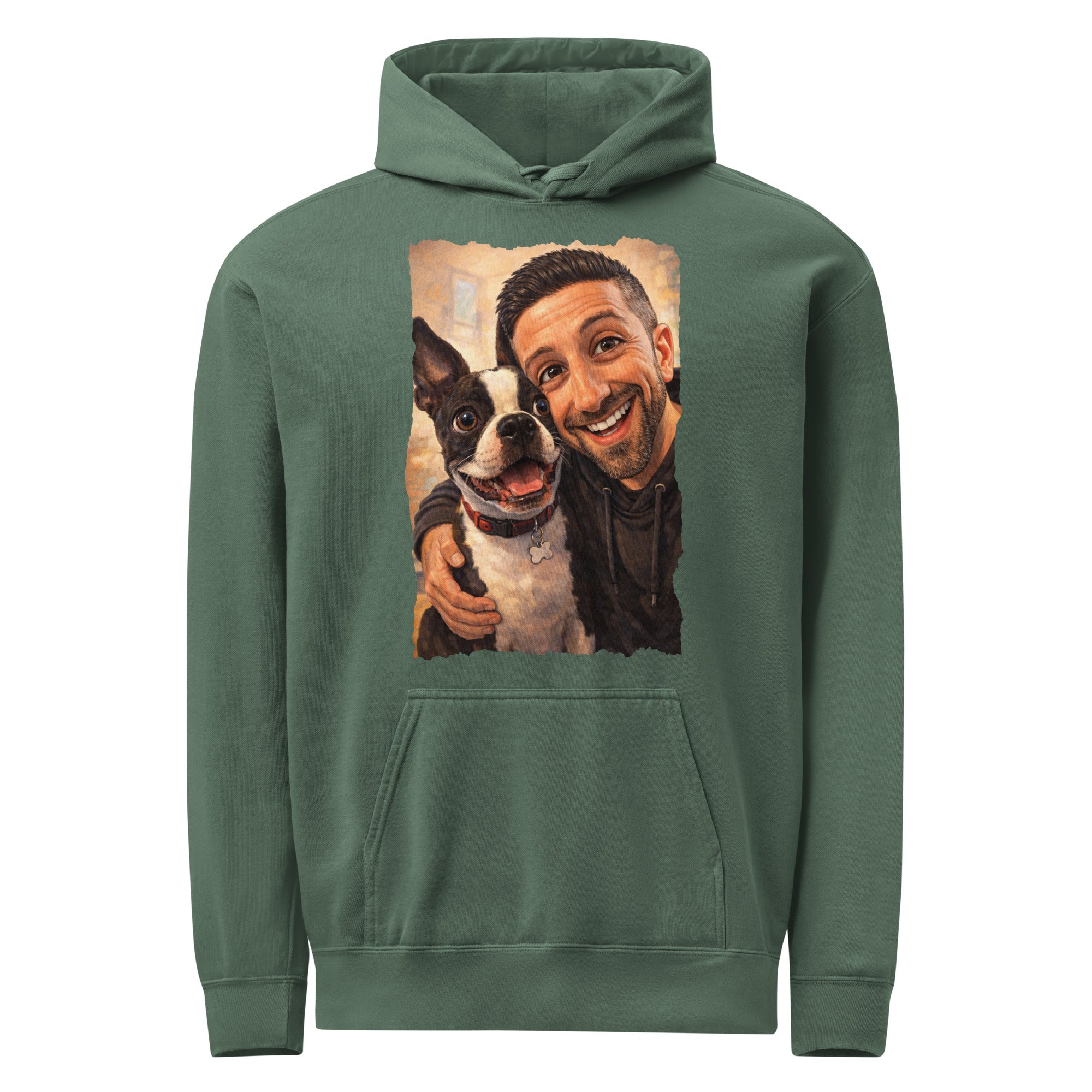 Custom Caricature Dog And Owner Portrait Unisex Garment-dyed Hoodie . Blue Spruce