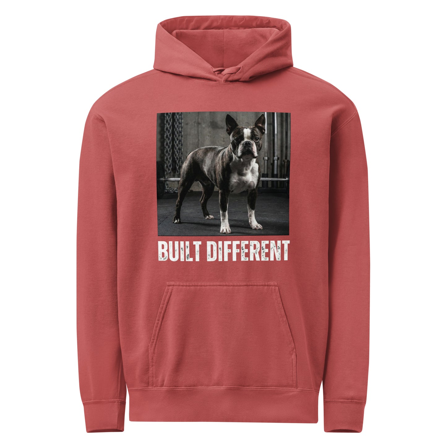 Built Different Strong Boston Terrier Dog Gym Workout Unisex Garment-dyed Hoodie . Crimson