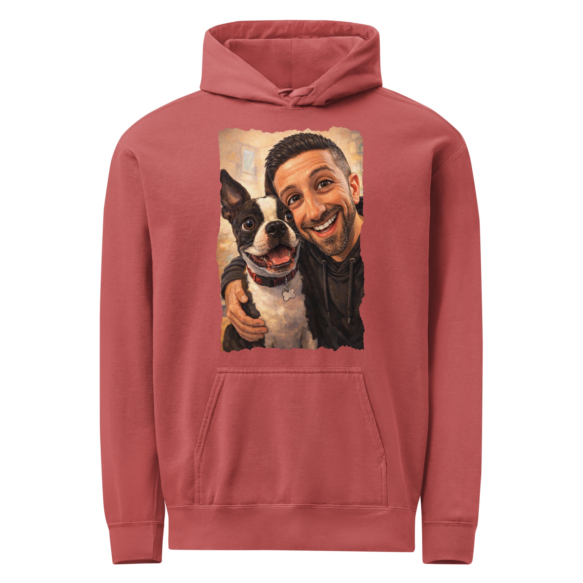 Custom Caricature Dog And Owner Portrait Unisex Garment-dyed Hoodie . Crimson