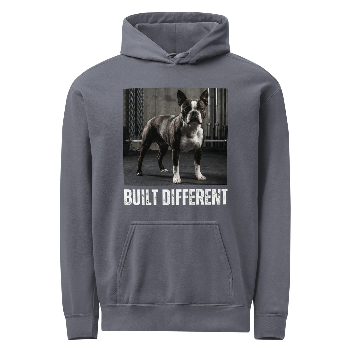 Built Different Strong Boston Terrier Dog Gym Workout Unisex Garment-dyed Hoodie . Denim
