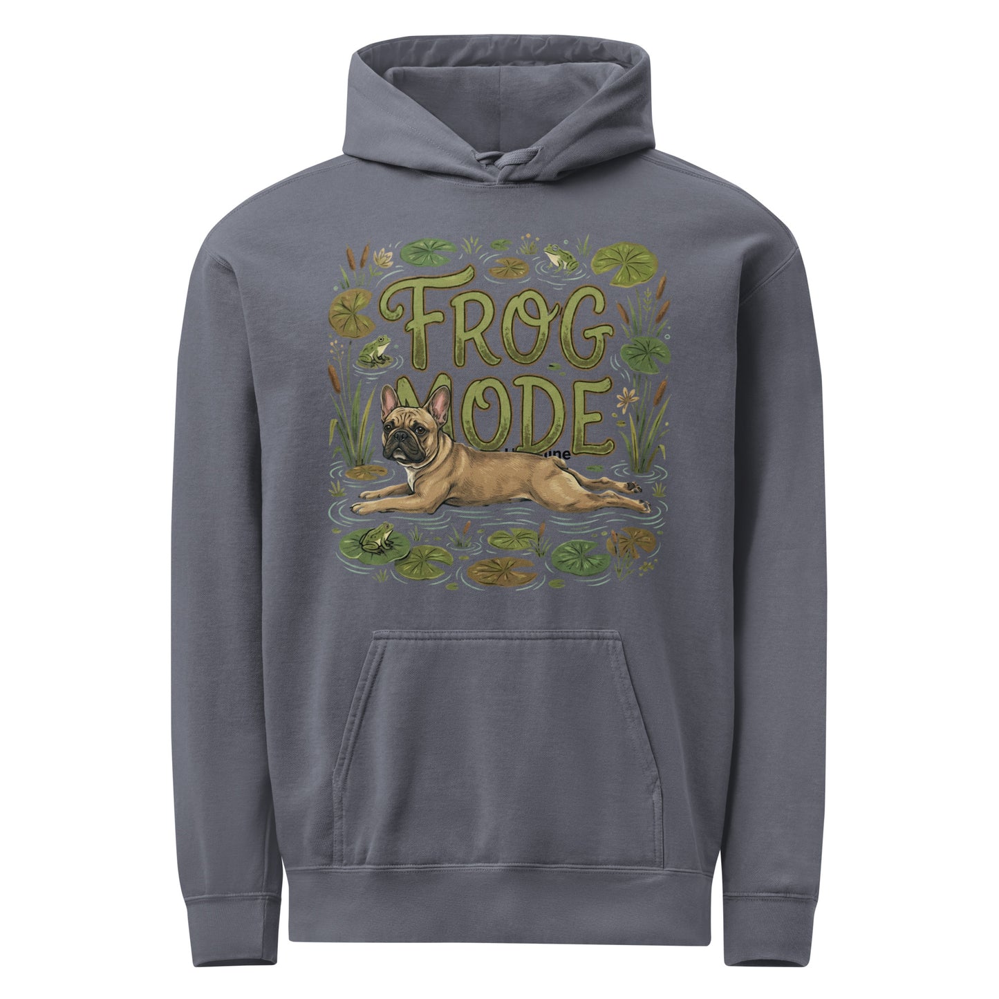 Frog Mode French Bulldog Unisex Garment-dyed Hoodie . Denim