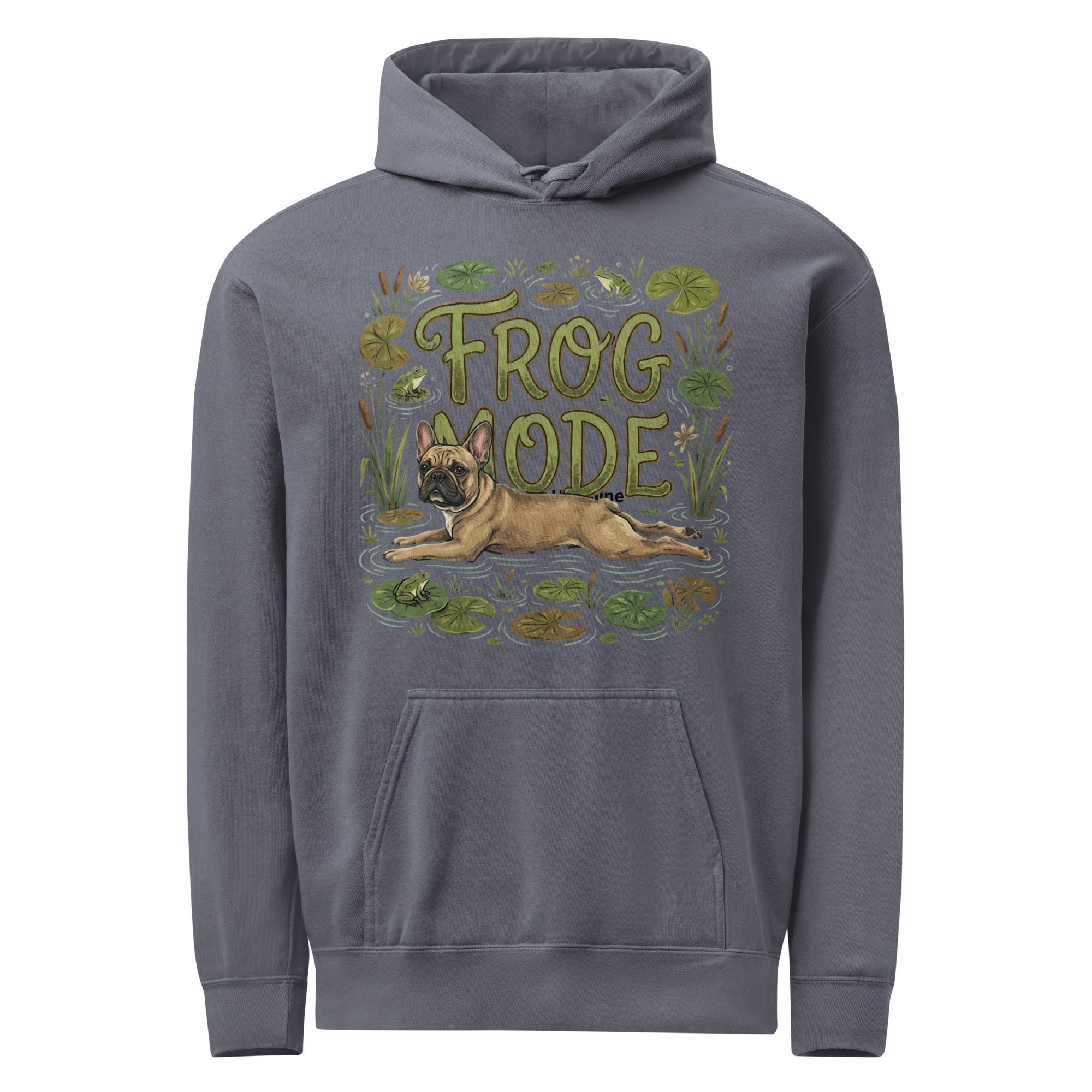 Frog Mode French Bulldog Unisex Garment-dyed Hoodie . Denim