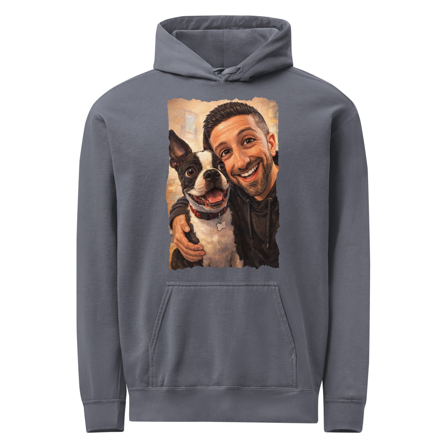 Custom Caricature Dog And Owner Portrait Unisex Garment-dyed Hoodie . Denim