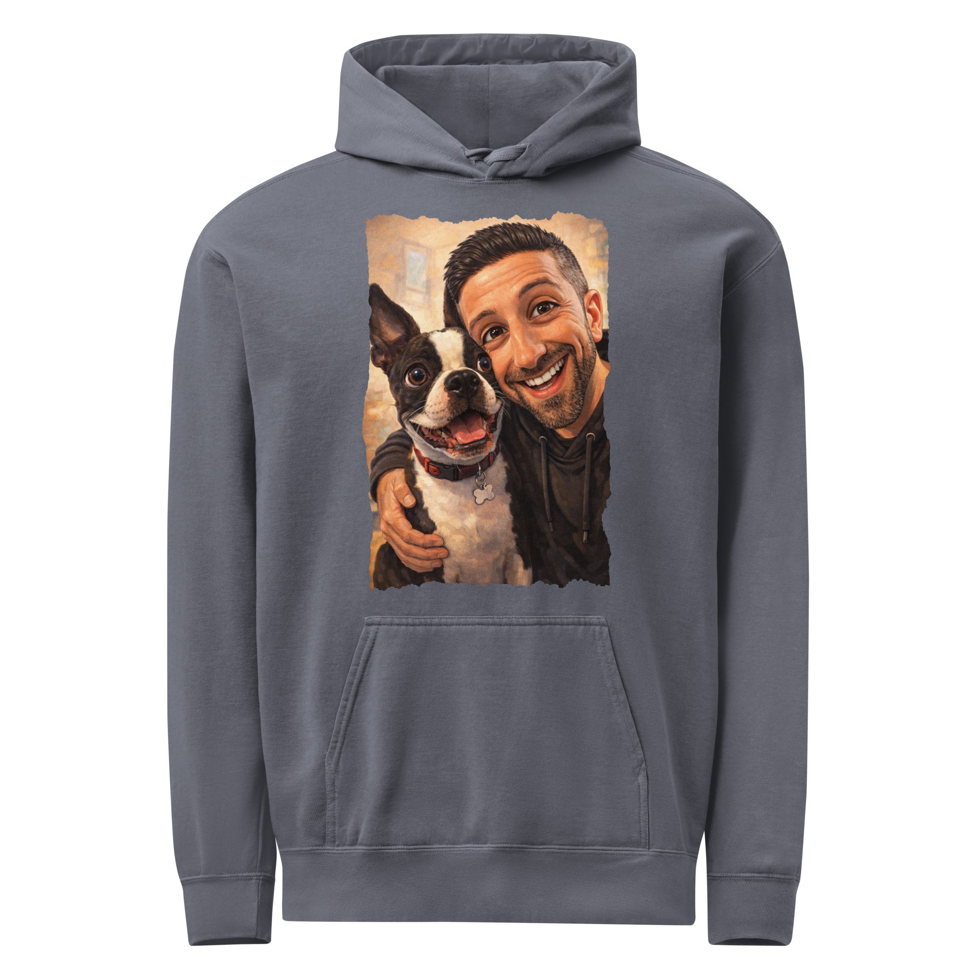 Custom Caricature Dog And Owner Portrait Unisex Garment-dyed Hoodie . Denim