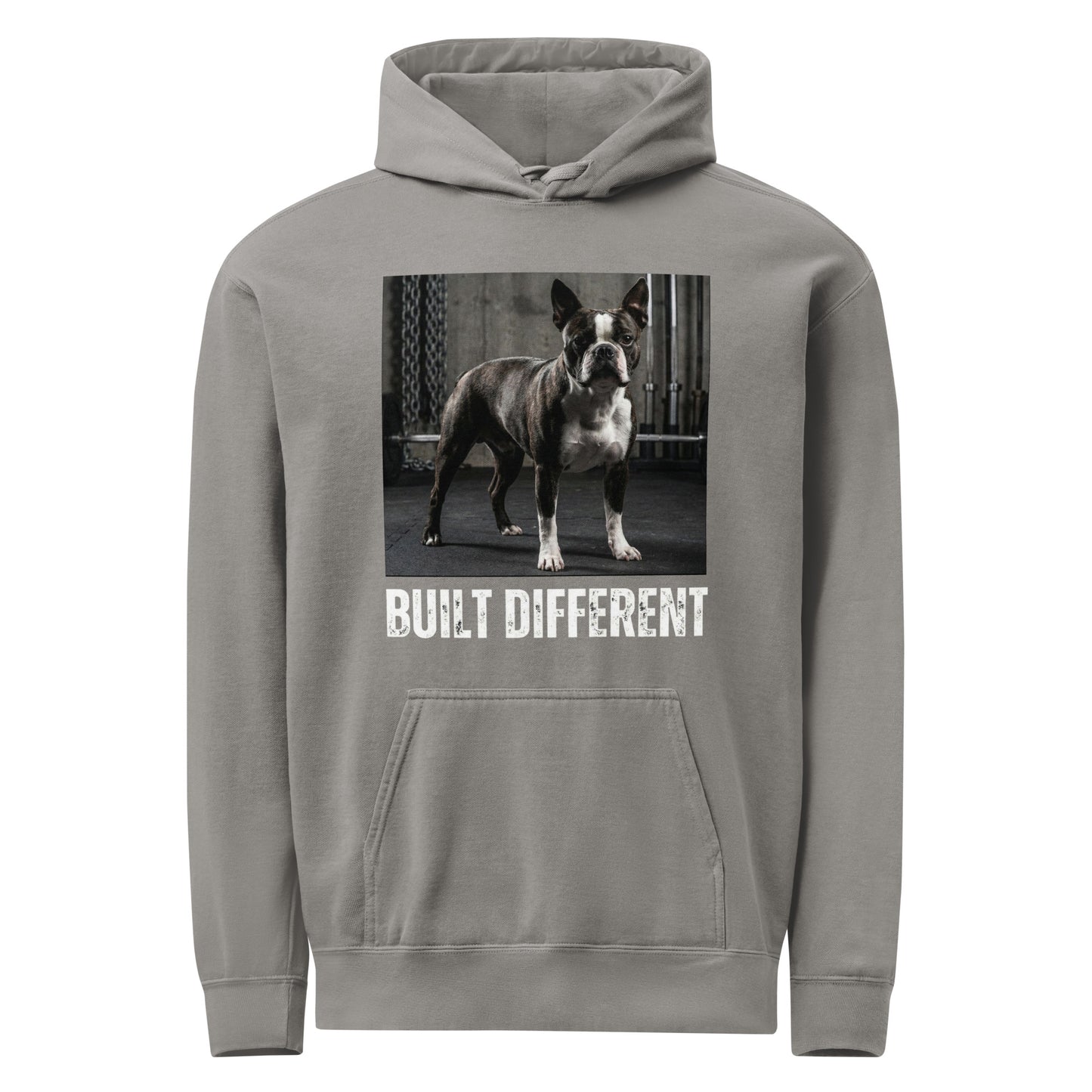 Built Different Strong Boston Terrier Dog Gym Workout Unisex Garment-dyed Hoodie . Grey