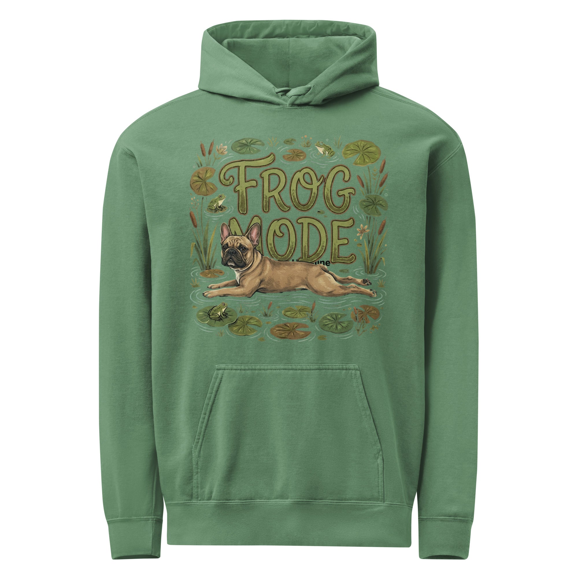 Frog Mode French Bulldog Unisex Garment-dyed Hoodie . Light Green
