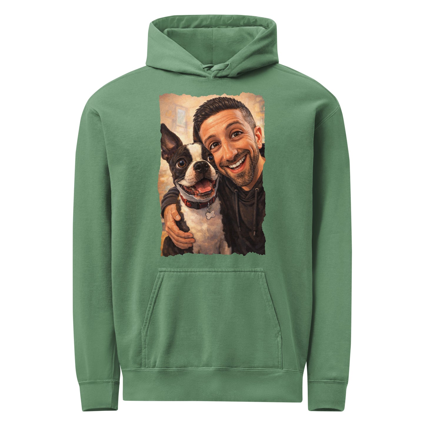 Custom Caricature Dog And Owner Portrait Unisex Garment-dyed Hoodie . Light Green