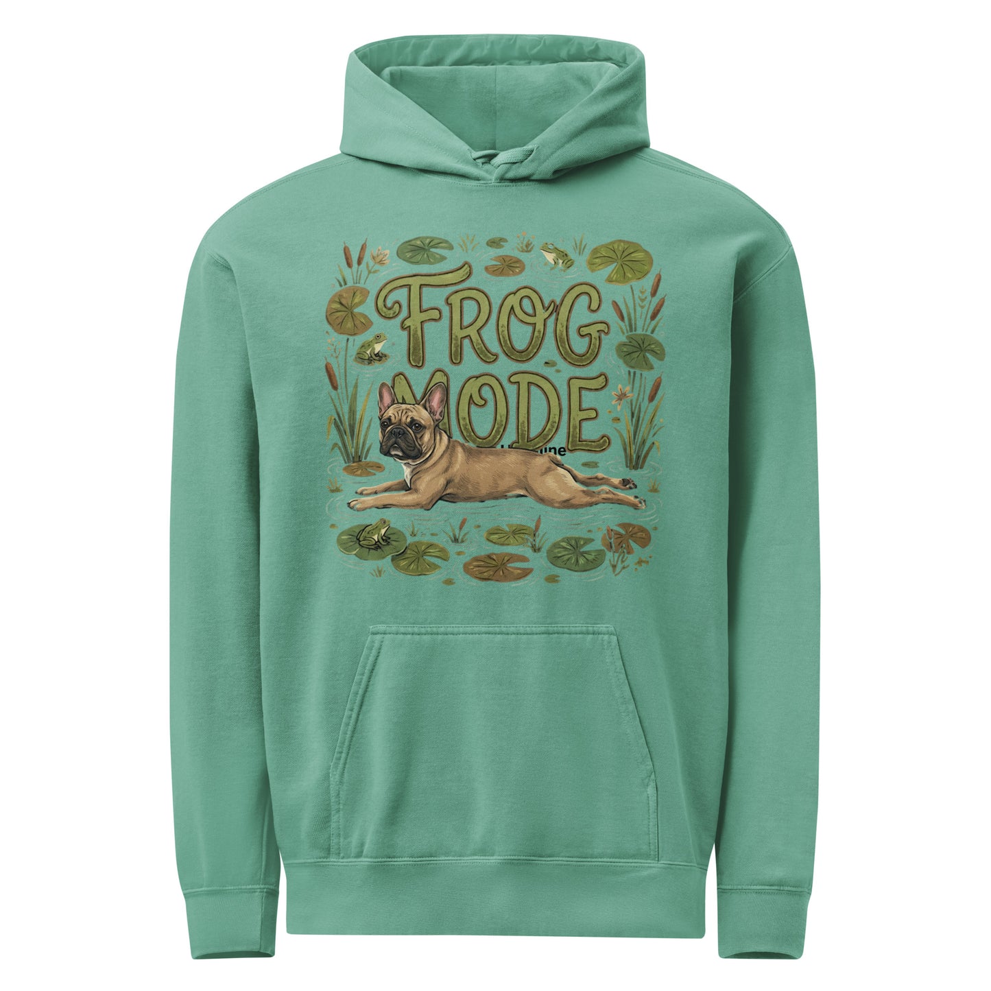 Frog Mode French Bulldog Unisex Garment-dyed Hoodie . Seafoam