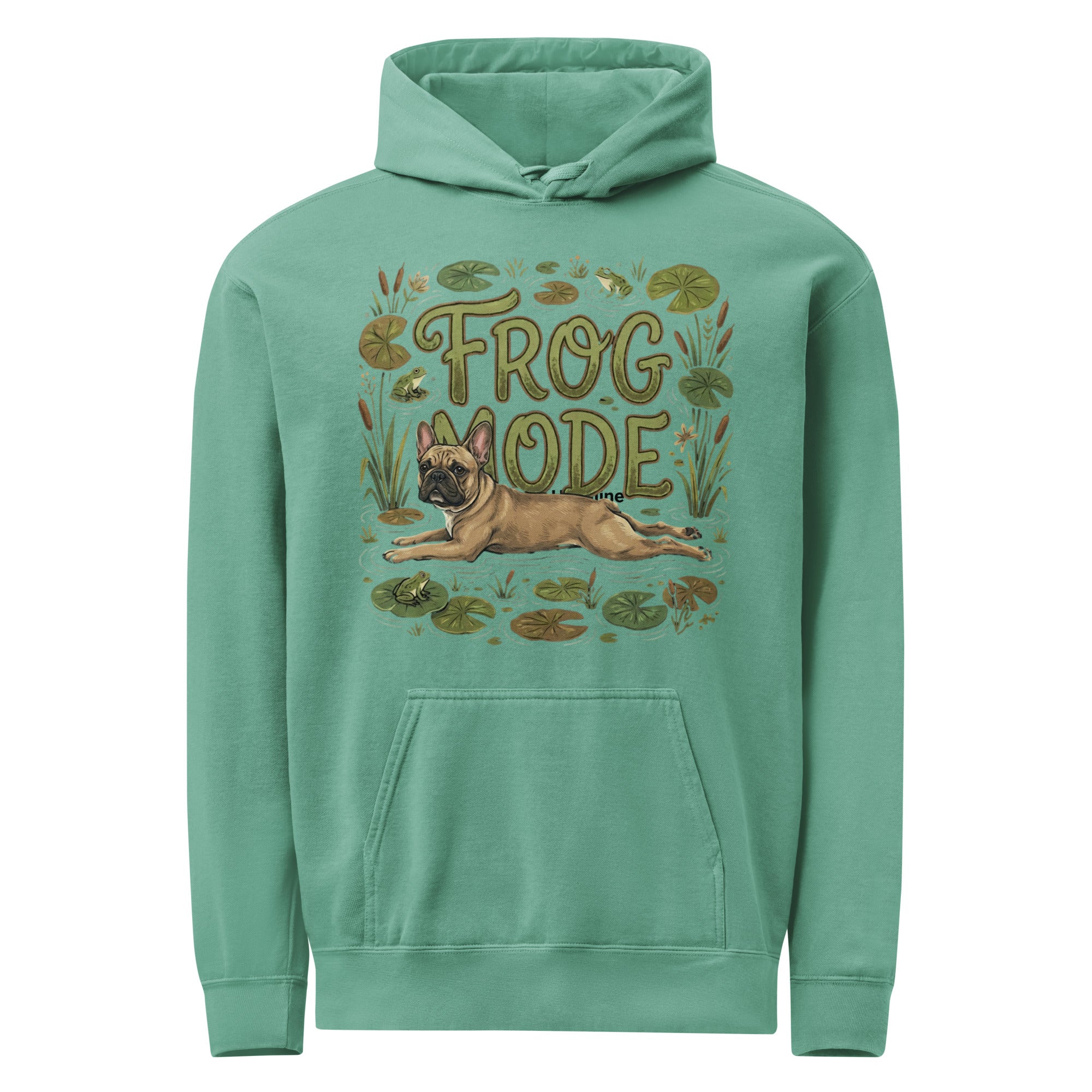 Frog Mode French Bulldog Unisex Garment-dyed Hoodie . Seafoam