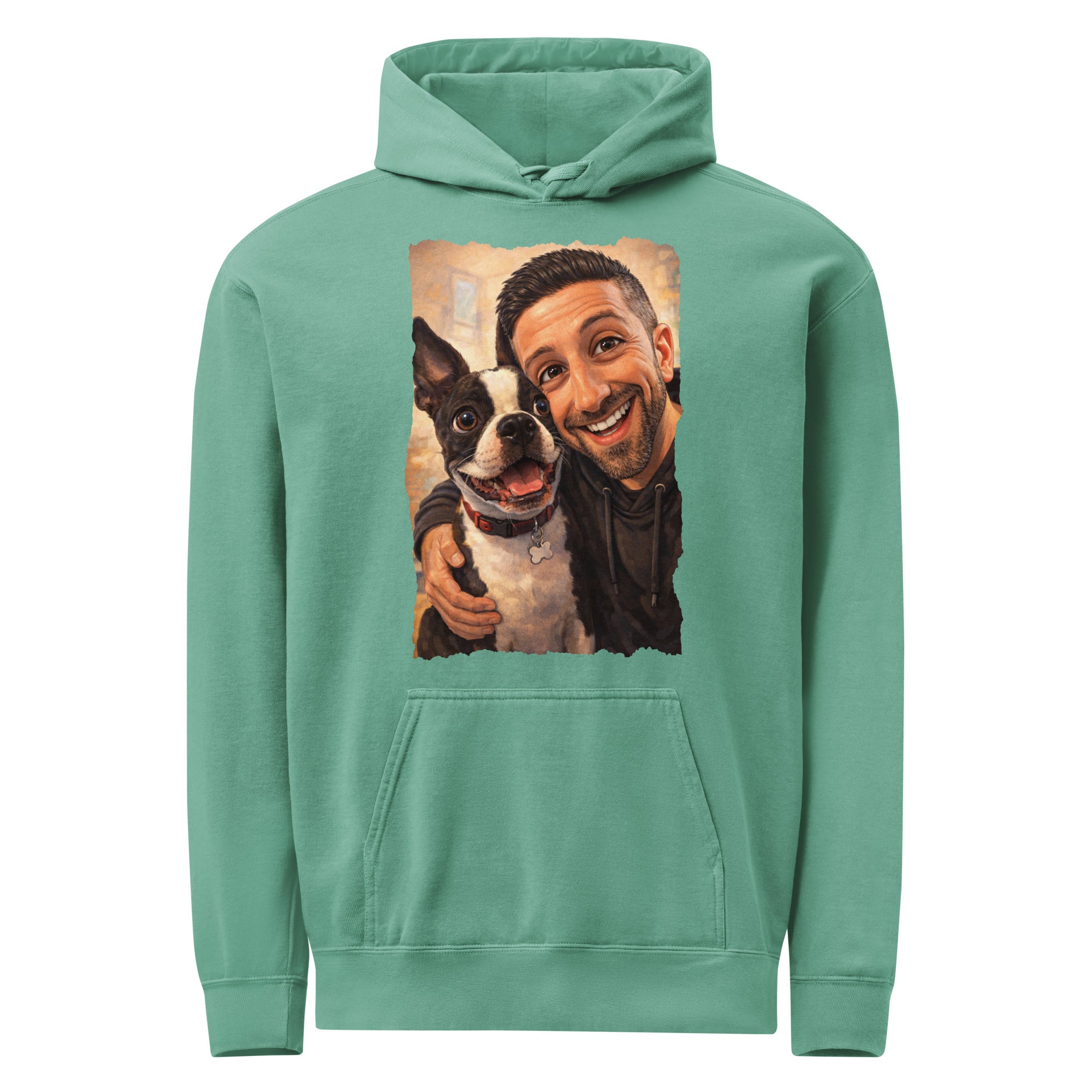 Custom Caricature Dog And Owner Portrait Unisex Garment-dyed Hoodie . Seafoam