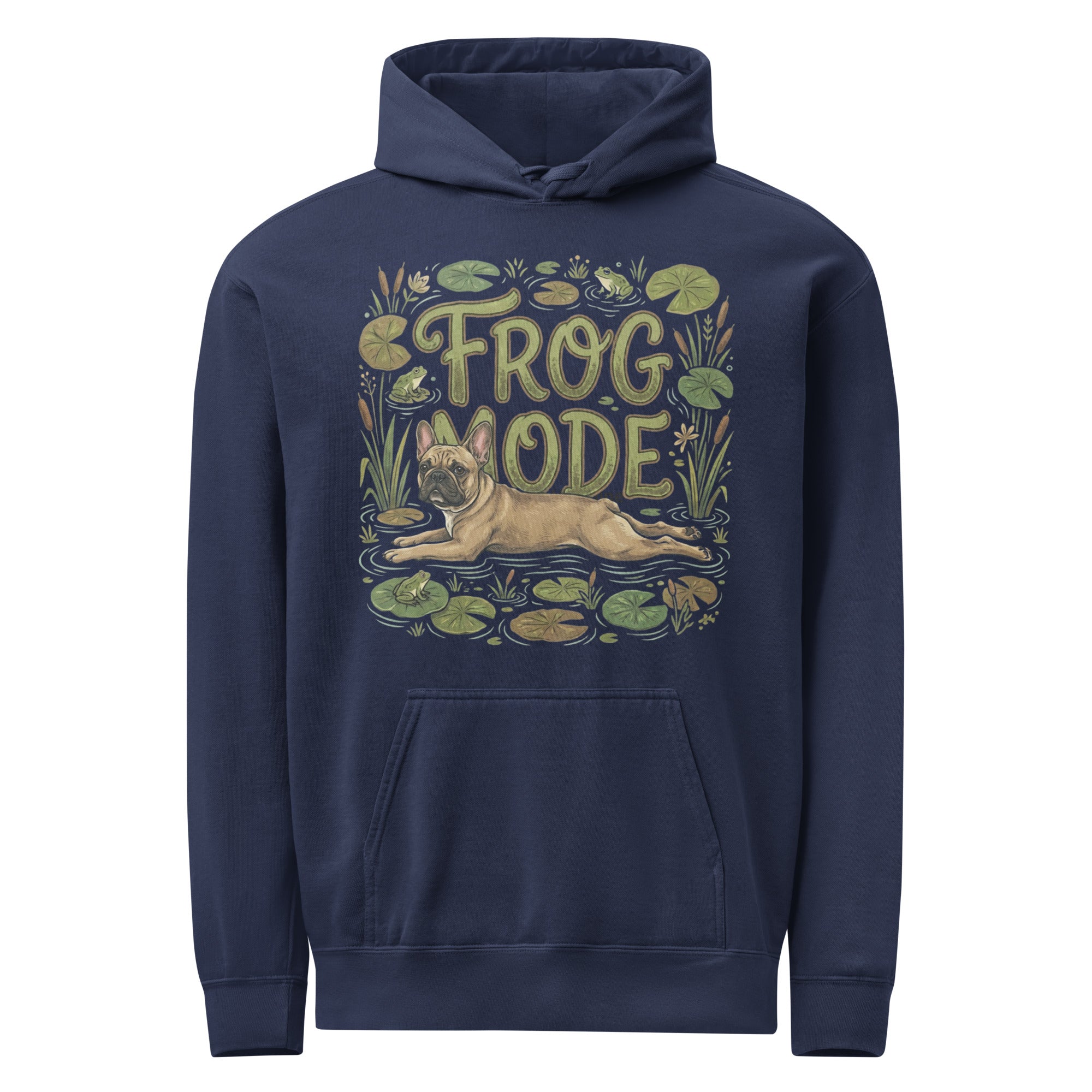 Frog Mode French Bulldog Unisex Garment-dyed Hoodie . True Navy