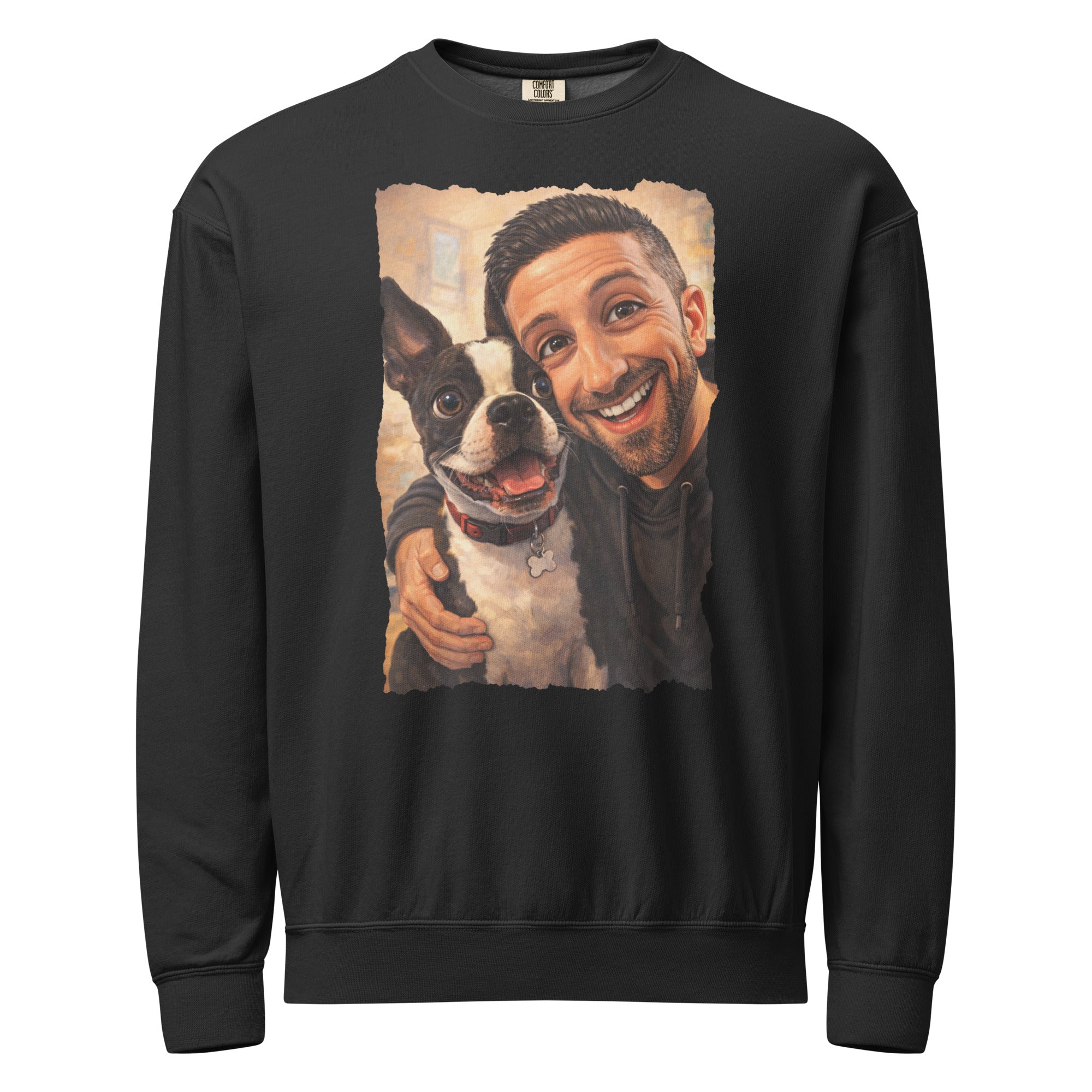 Custom Caricature Dog And Owner Portrait Unisex Garment-dyed Fleece Crewneck Sweatshirt . Black