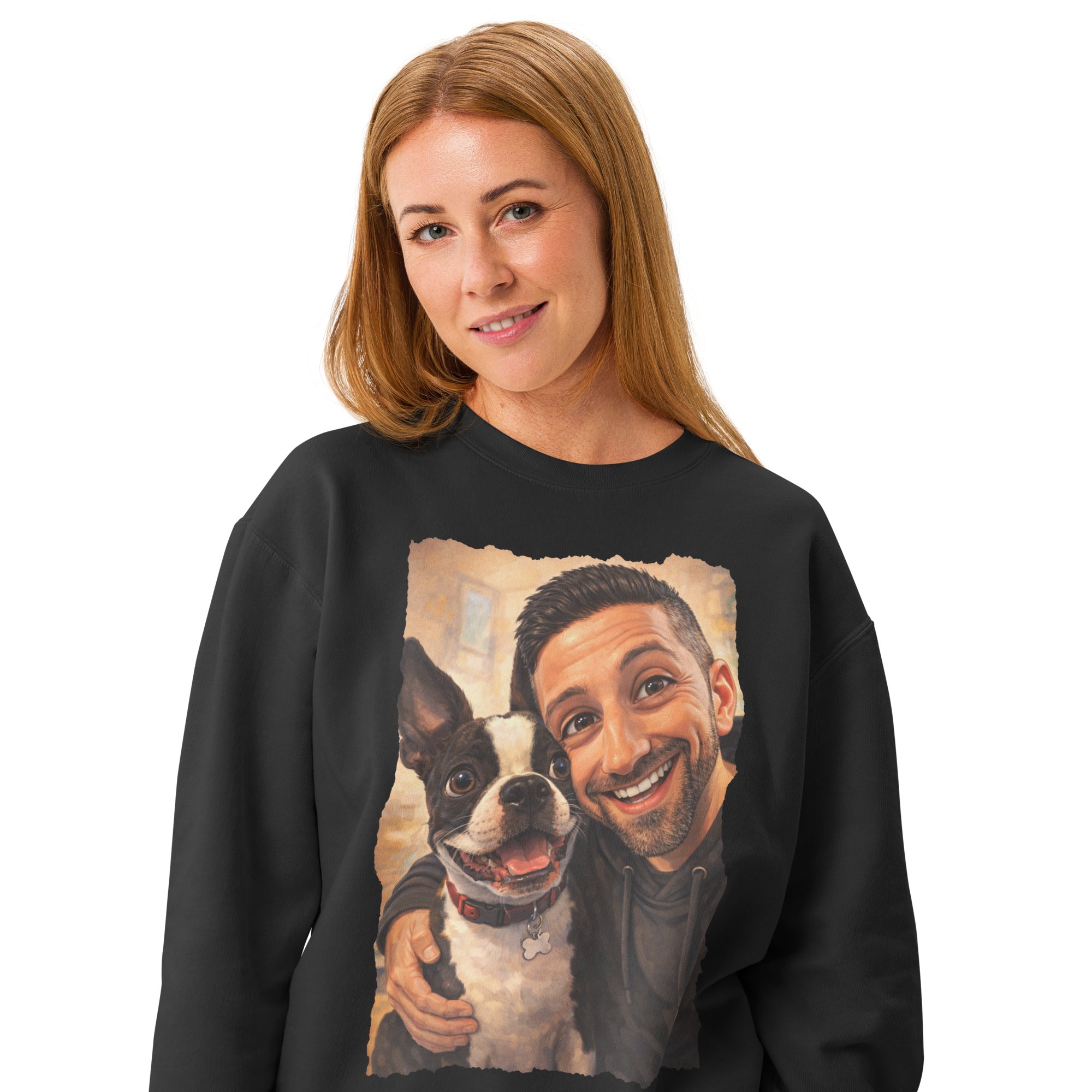 Custom Caricature Dog And Owner Portrait Unisex Garment-dyed Fleece Crewneck Sweatshirt .