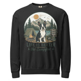Life Is Better Around the Campfire Boston Terrier Shirt, Camping Dog Lover Unisex Garment-dyed Fleece Crewneck Sweatshirt . Black