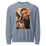 Custom Caricature Dog And Owner Portrait Unisex Garment-dyed Fleece Crewneck Sweatshirt . Blue Jean