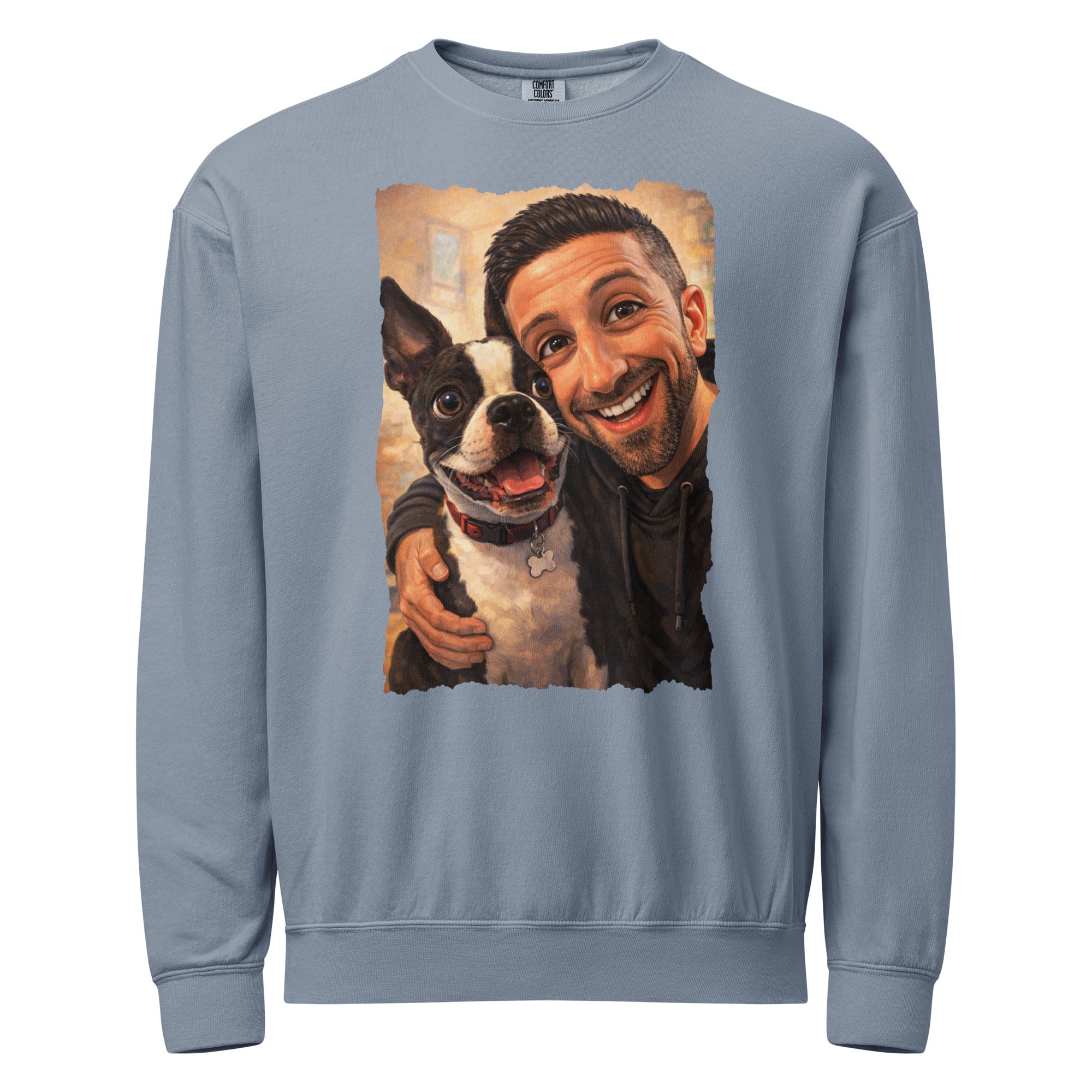 Custom Caricature Dog And Owner Portrait Unisex Garment-dyed Fleece Crewneck Sweatshirt . Blue Jean