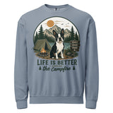 Life Is Better Around the Campfire Boston Terrier Shirt, Camping Dog Lover Unisex Garment-dyed Fleece Crewneck Sweatshirt . Blue Jean