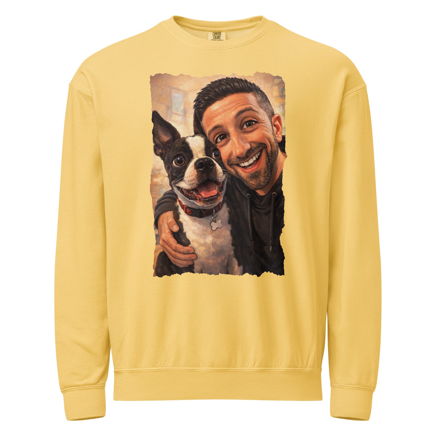 Custom Caricature Dog And Owner Portrait Unisex Garment-dyed Fleece Crewneck Sweatshirt . Butter