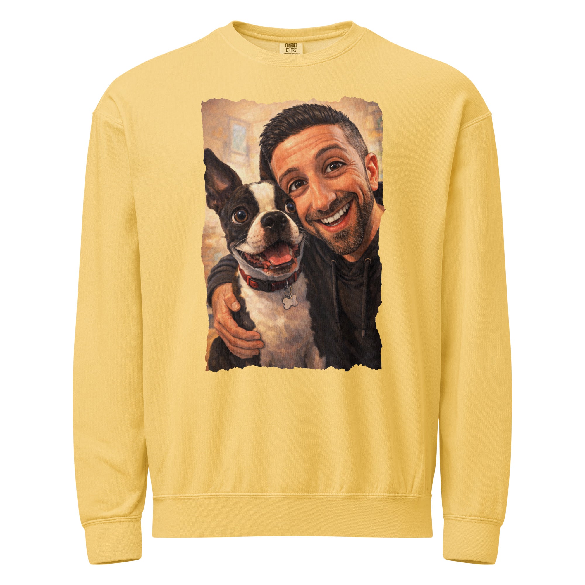 Custom Caricature Dog And Owner Portrait Unisex Garment-dyed Fleece Crewneck Sweatshirt . Butter