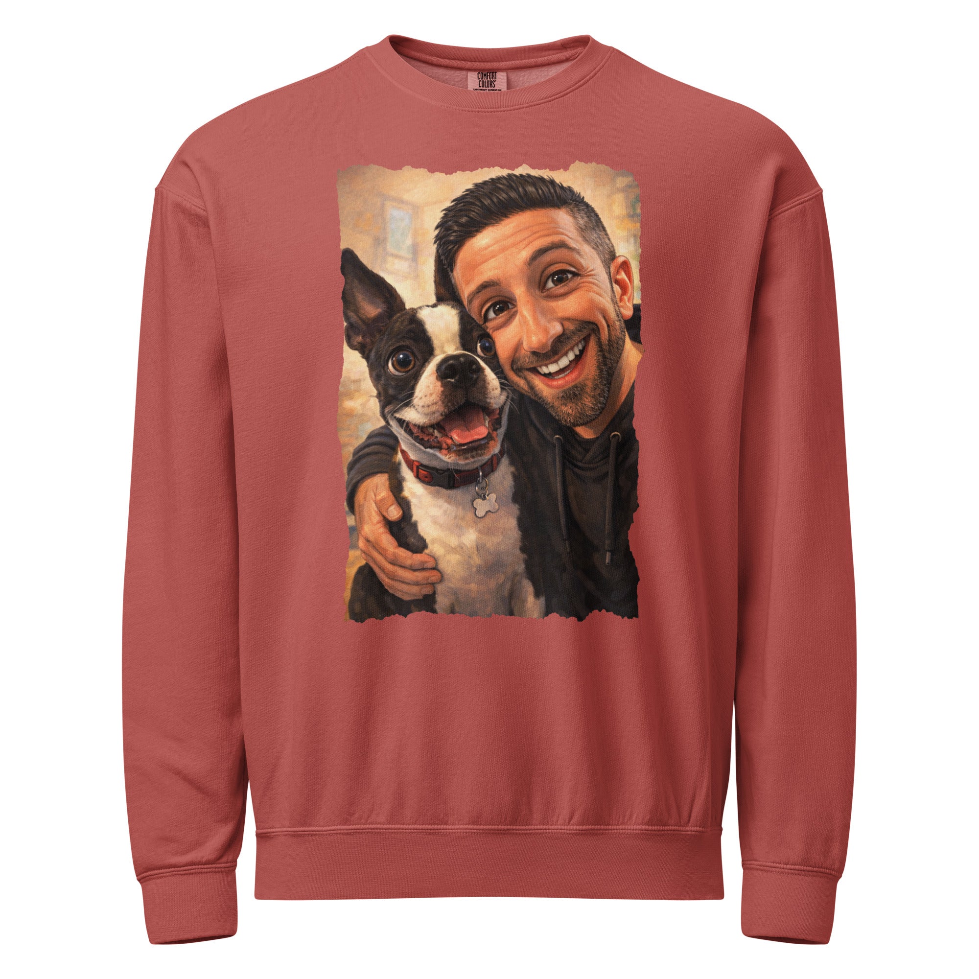 Custom Caricature Dog And Owner Portrait Unisex Garment-dyed Fleece Crewneck Sweatshirt . Crimson