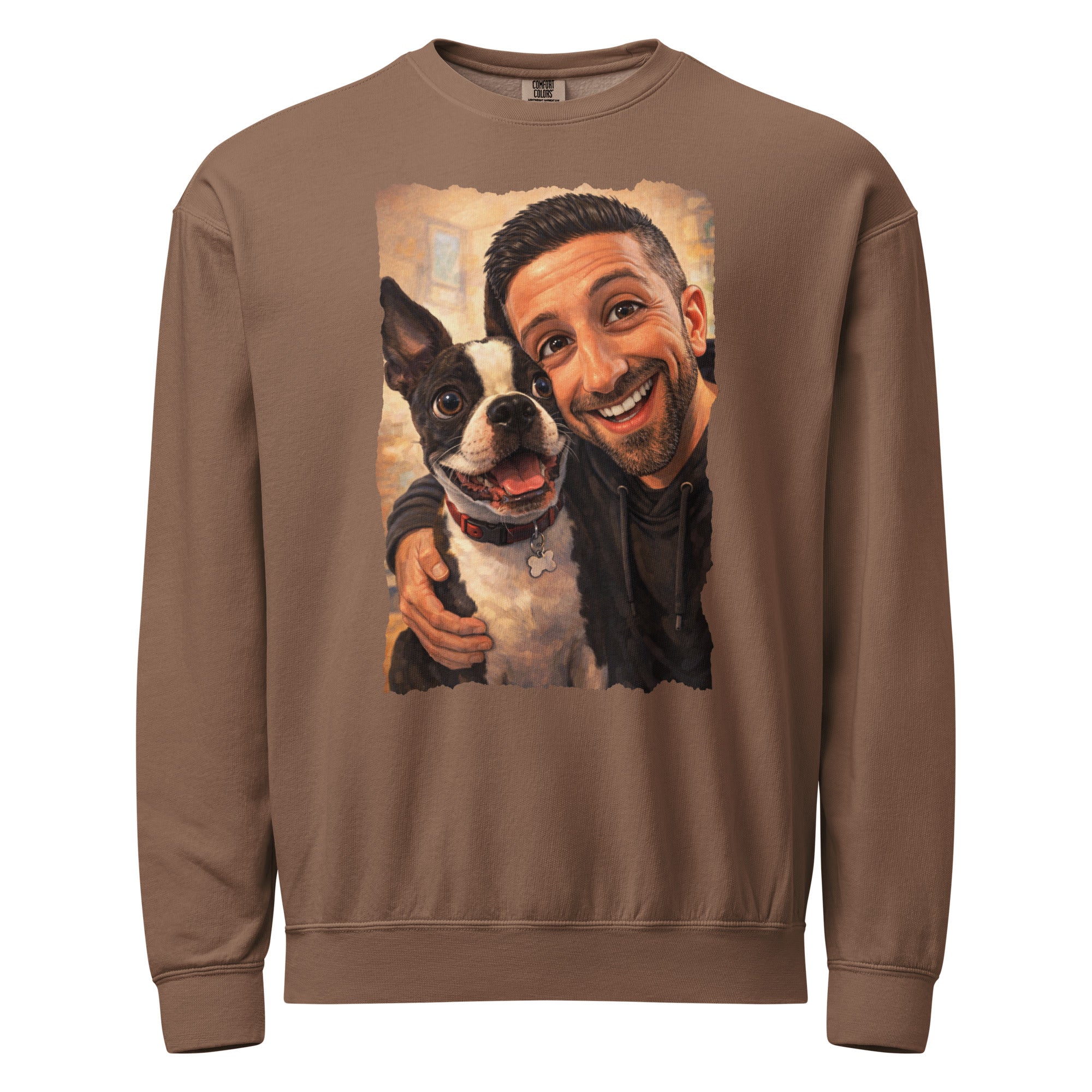 Custom Caricature Dog And Owner Portrait Unisex Garment-dyed Fleece Crewneck Sweatshirt . Espresso