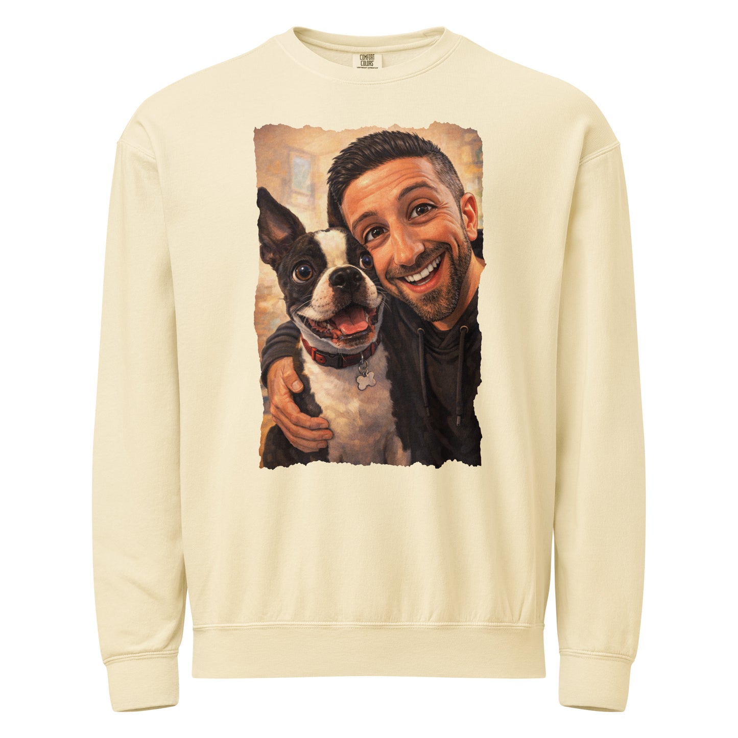 Custom Caricature Dog And Owner Portrait Unisex Garment-dyed Fleece Crewneck Sweatshirt . Ivory
