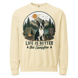 Life Is Better Around the Campfire Boston Terrier Shirt, Camping Dog Lover Unisex Garment-dyed Fleece Crewneck Sweatshirt . Ivory