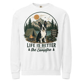 Life Is Better Around the Campfire Boston Terrier Shirt, Camping Dog Lover Unisex Garment-dyed Fleece Crewneck Sweatshirt . White